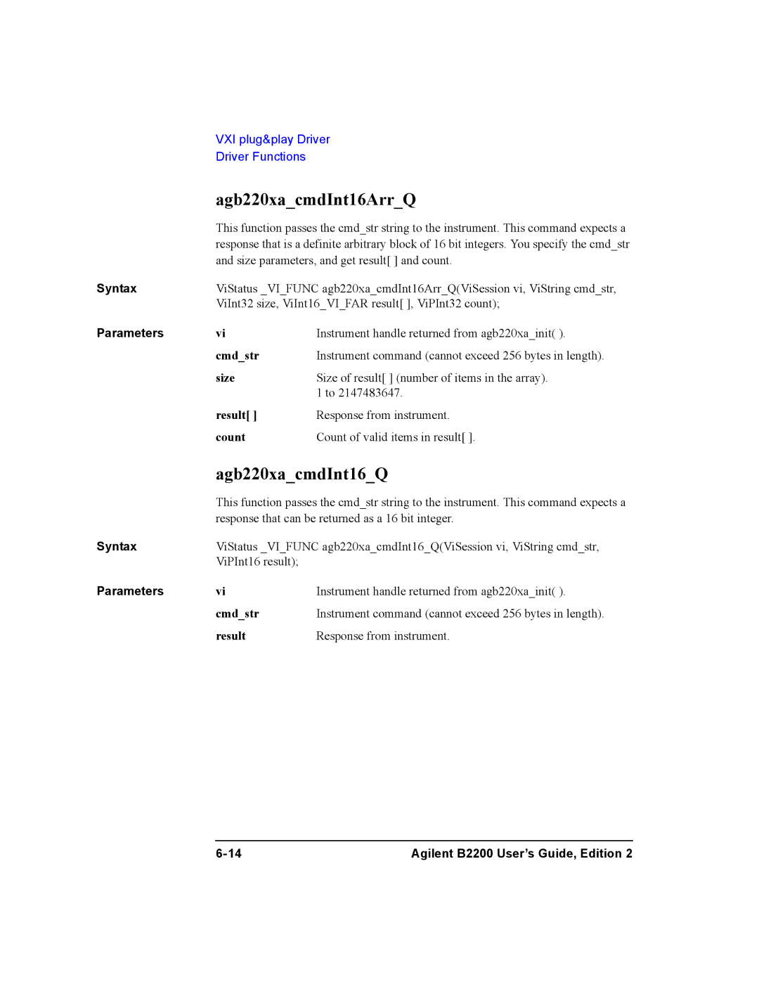 Agilent Technologies B2200A, B2201A manual Agb220xacmdInt16ArrQ, Agb220xacmdInt16Q, Count 