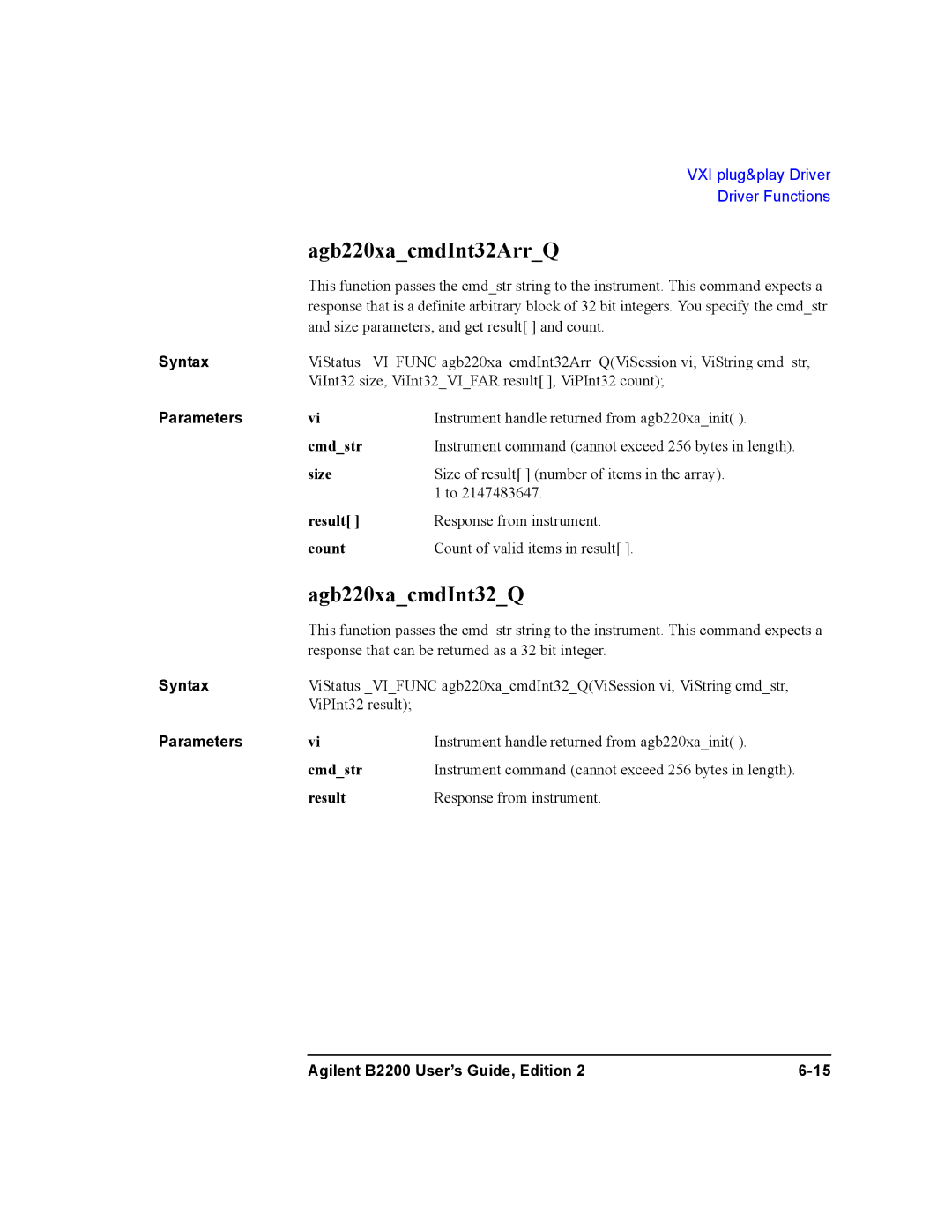 Agilent Technologies B2201A, B2200A manual Agb220xacmdInt32ArrQ, Agb220xacmdInt32Q 
