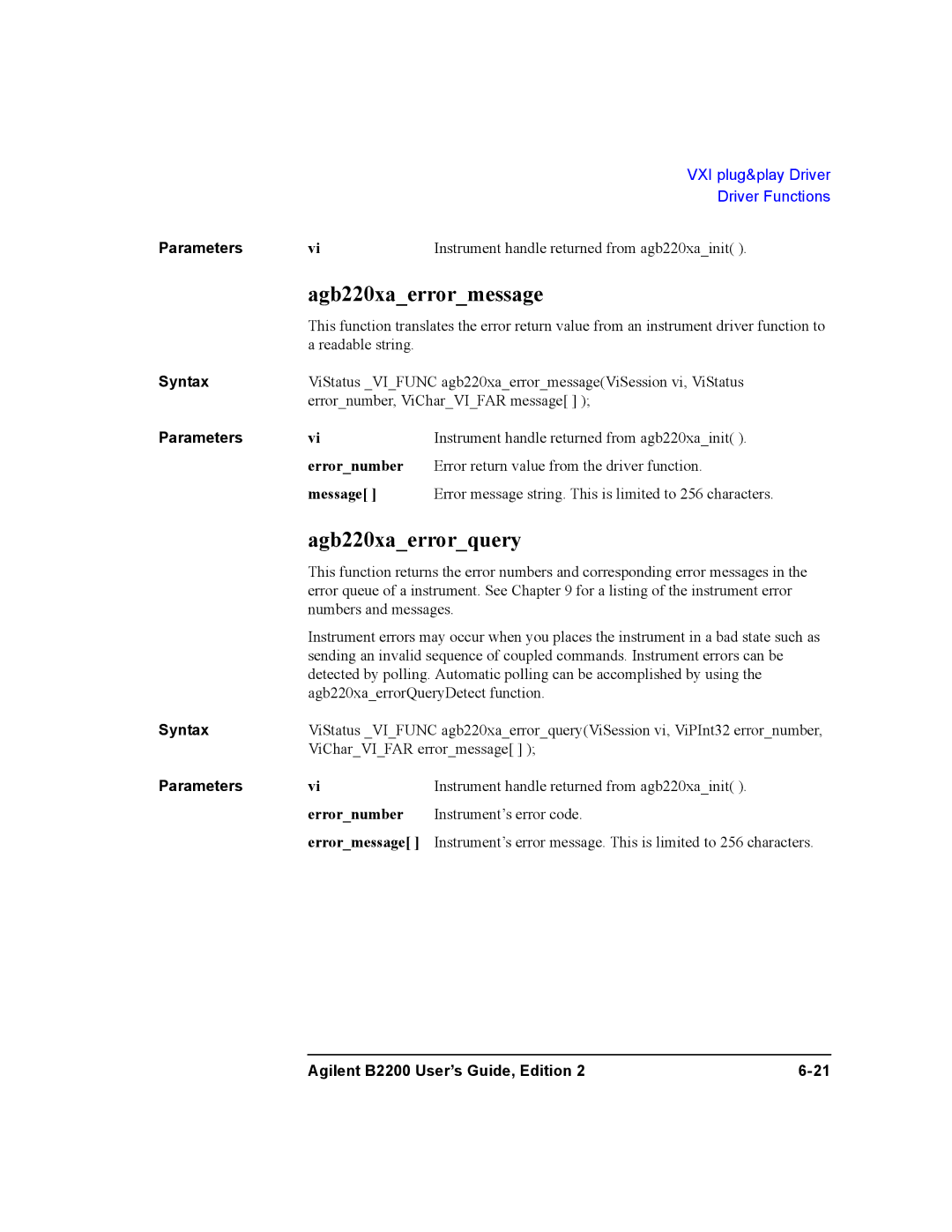 Agilent Technologies B2201A, B2200A manual Agb220xaerrormessage, Agb220xaerrorquery, Errornumber, Message 