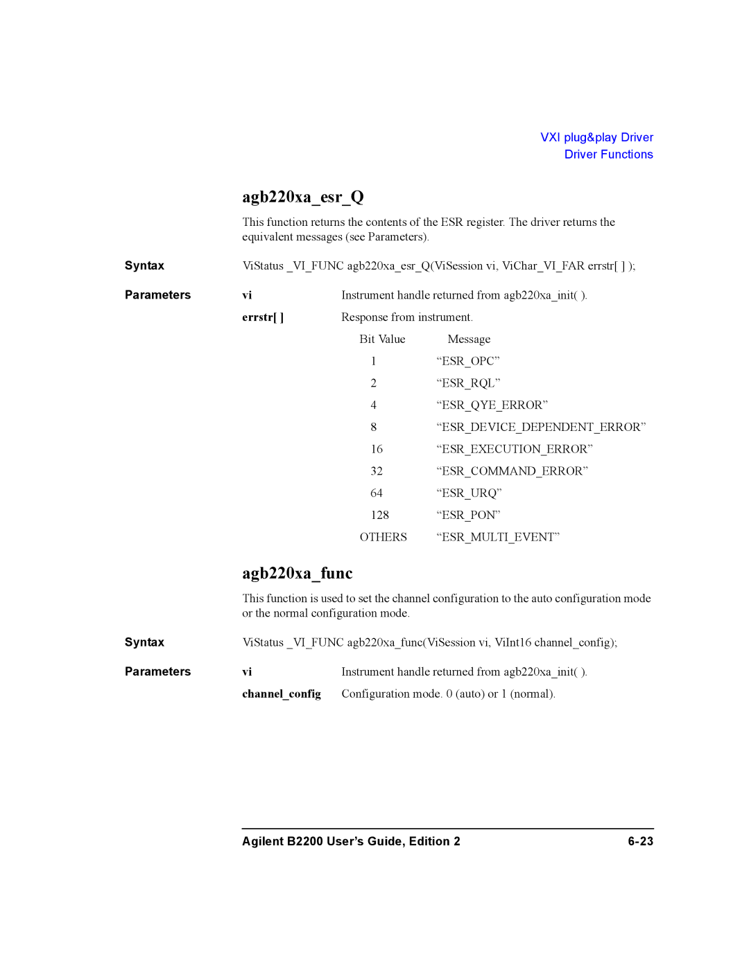 Agilent Technologies B2201A, B2200A manual Agb220xaesrQ, Agb220xafunc, Errstr, Channelconfig 