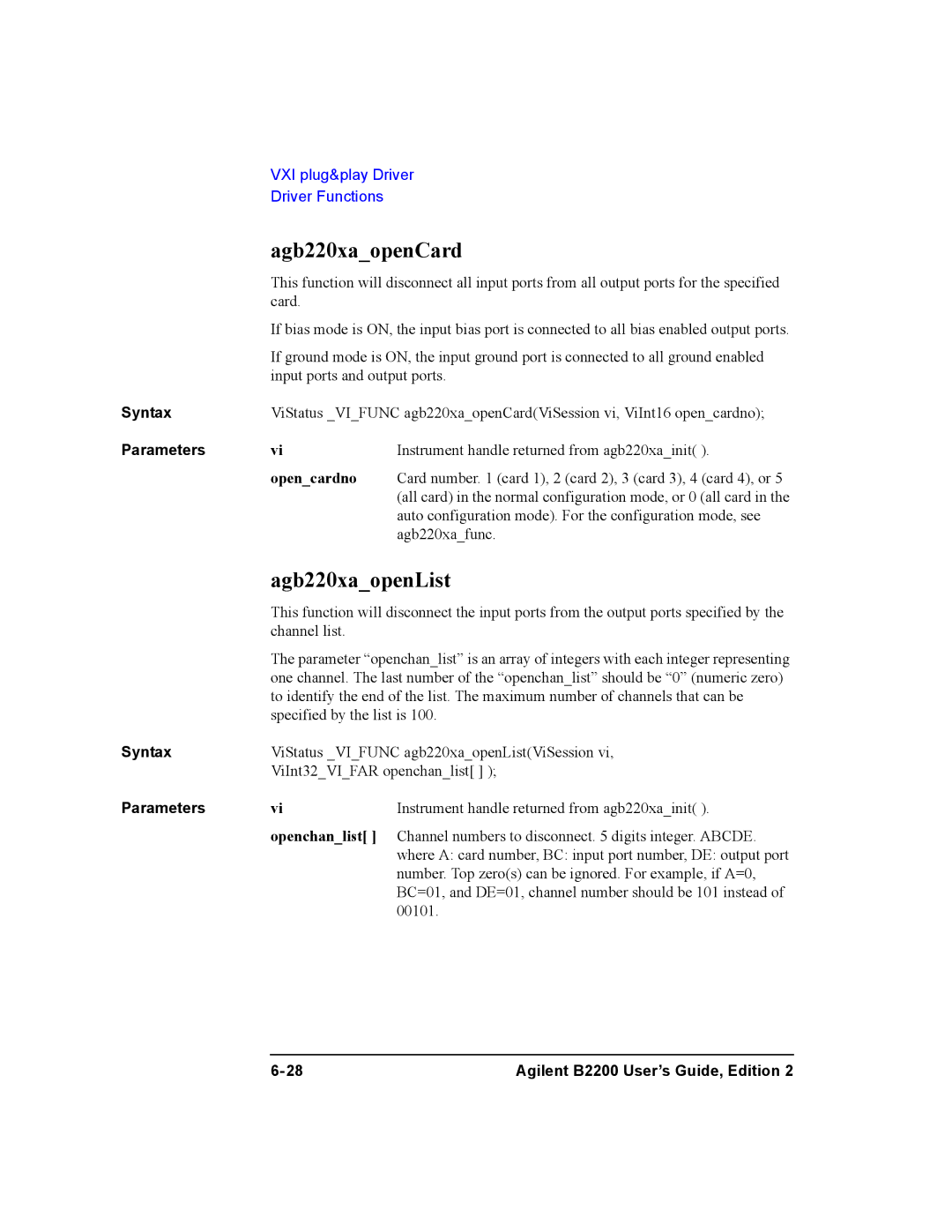 Agilent Technologies B2200A, B2201A manual Agb220xaopenCard, Agb220xaopenList, Opencardno 