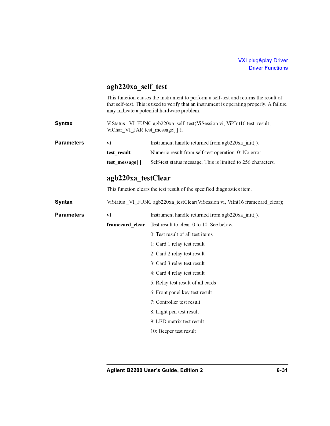 Agilent Technologies B2201A, B2200A manual Agb220xaselftest, Agb220xatestClear, Testresult, Testmessage, Framecardclear 