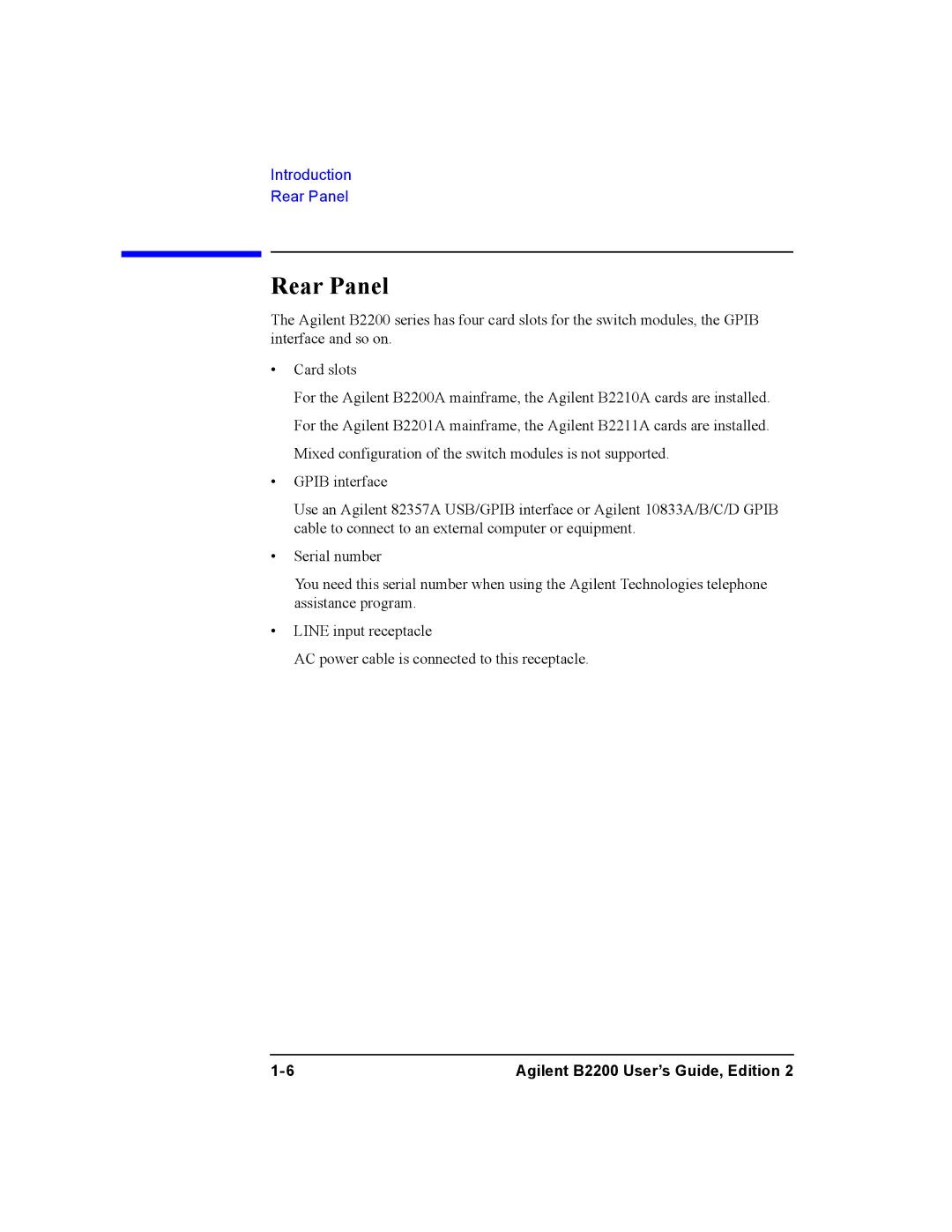 Agilent Technologies B2200A, B2201A manual Rear Panel 