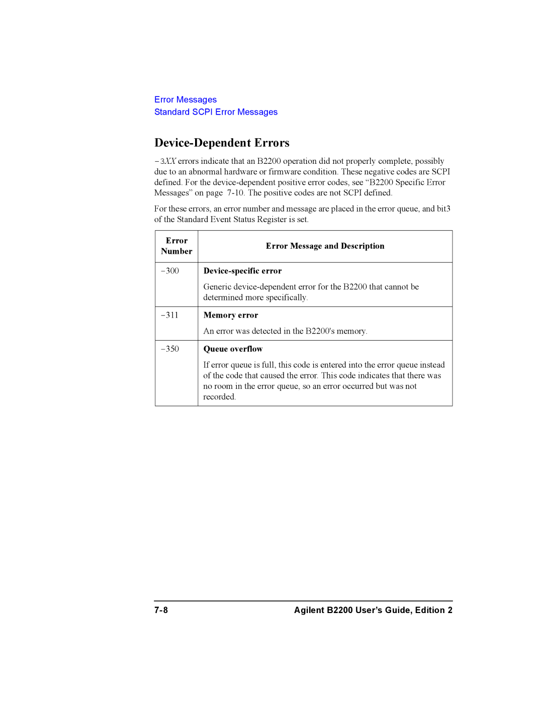 Agilent Technologies B2200A, B2201A manual Device-Dependent Errors, Device-specific error, Memory error, Queue overflow 