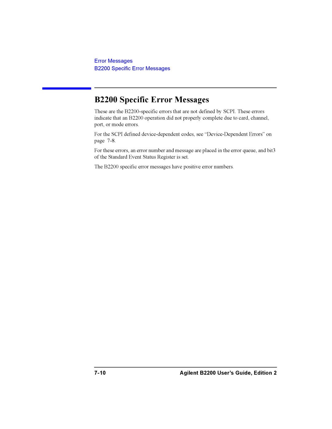 Agilent Technologies B2200A, B2201A manual B2200 Specific Error Messages 