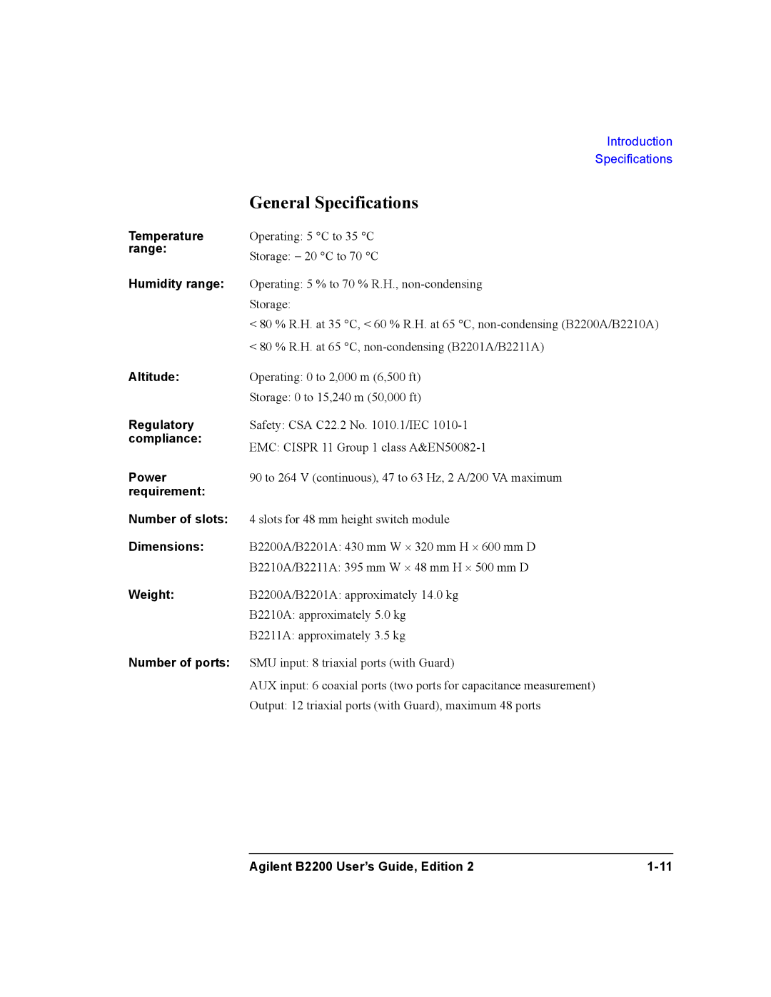 Agilent Technologies B2201A, B2200A manual General Specifications, Temperature range Humidity range 