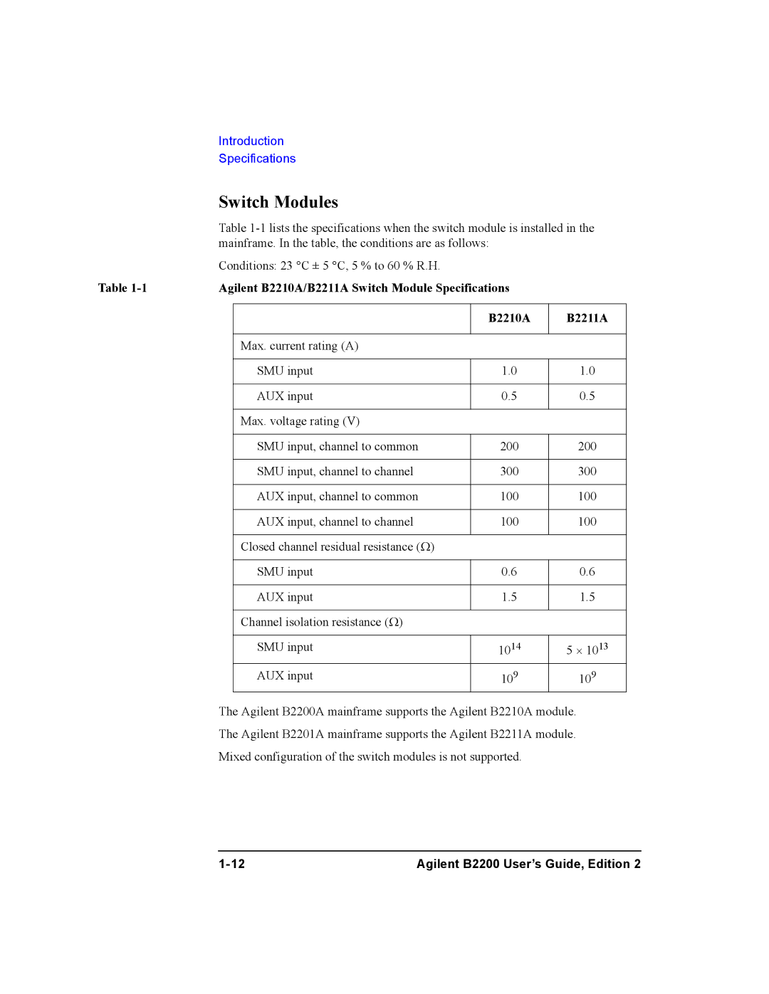 Agilent Technologies B2200A, B2201A manual Switch Modules, Agilent B2210A/B2211A Switch Module Specifications 