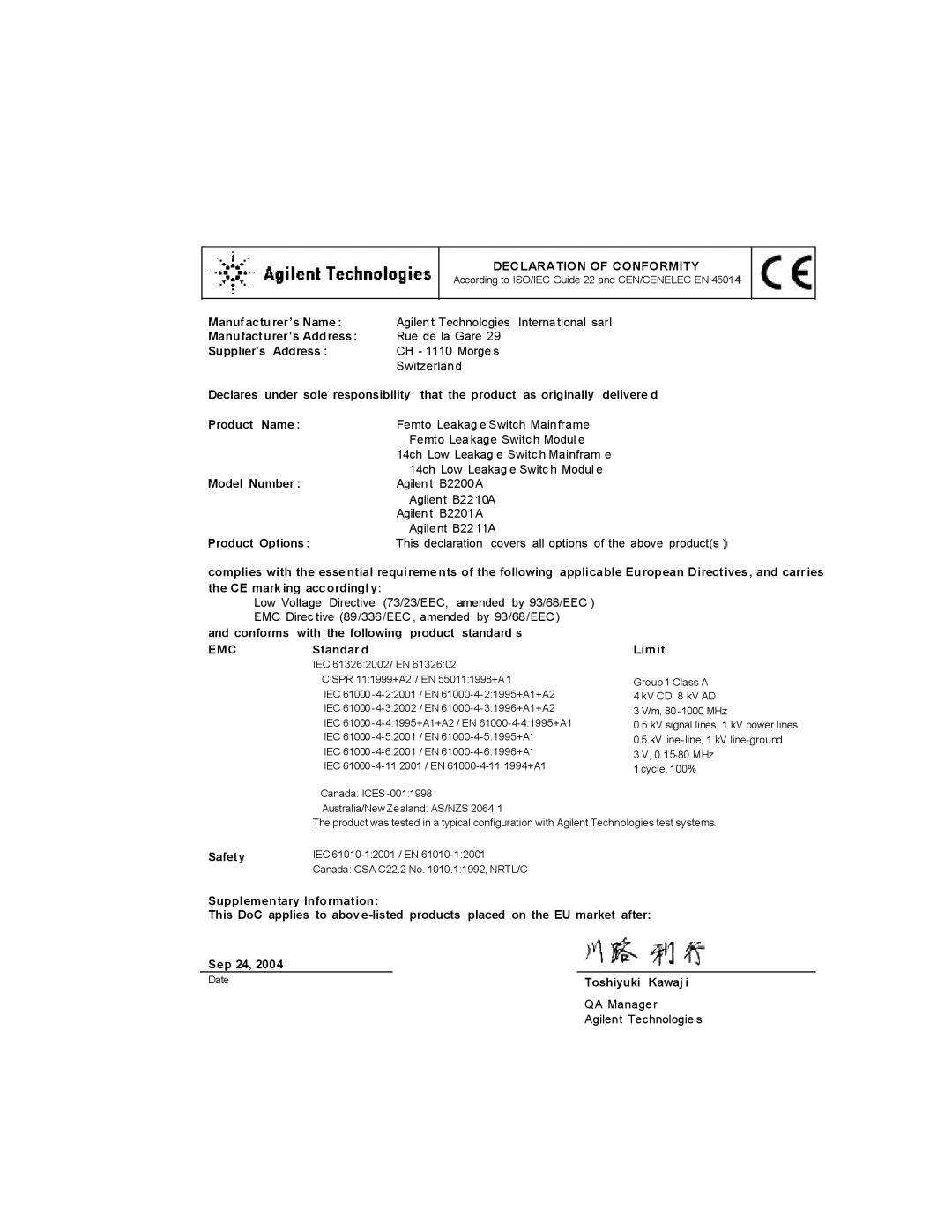 Agilent Technologies B2201A, B2200A manual DEC Lara Tion of Conformity 