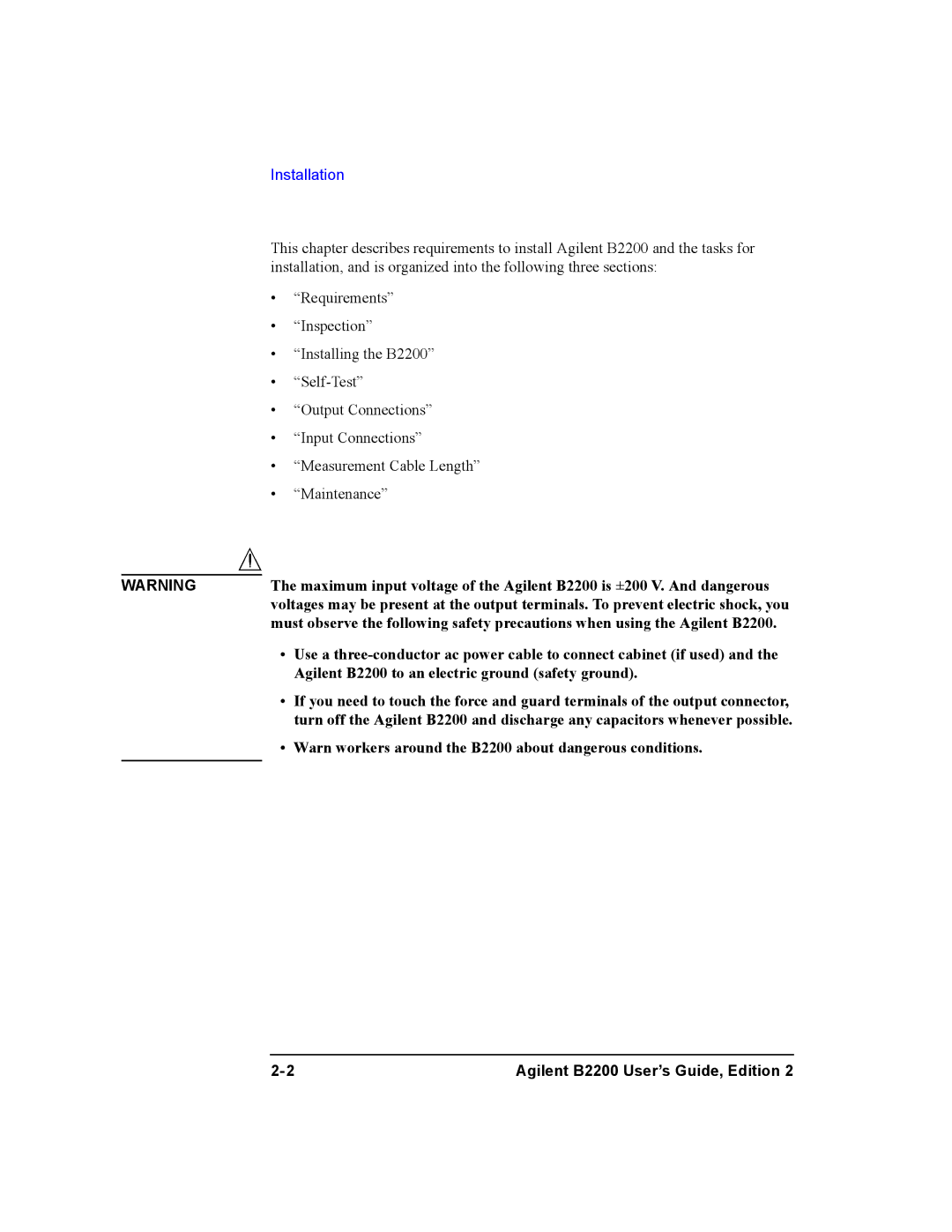 Agilent Technologies B2200A, B2201A manual Installation 