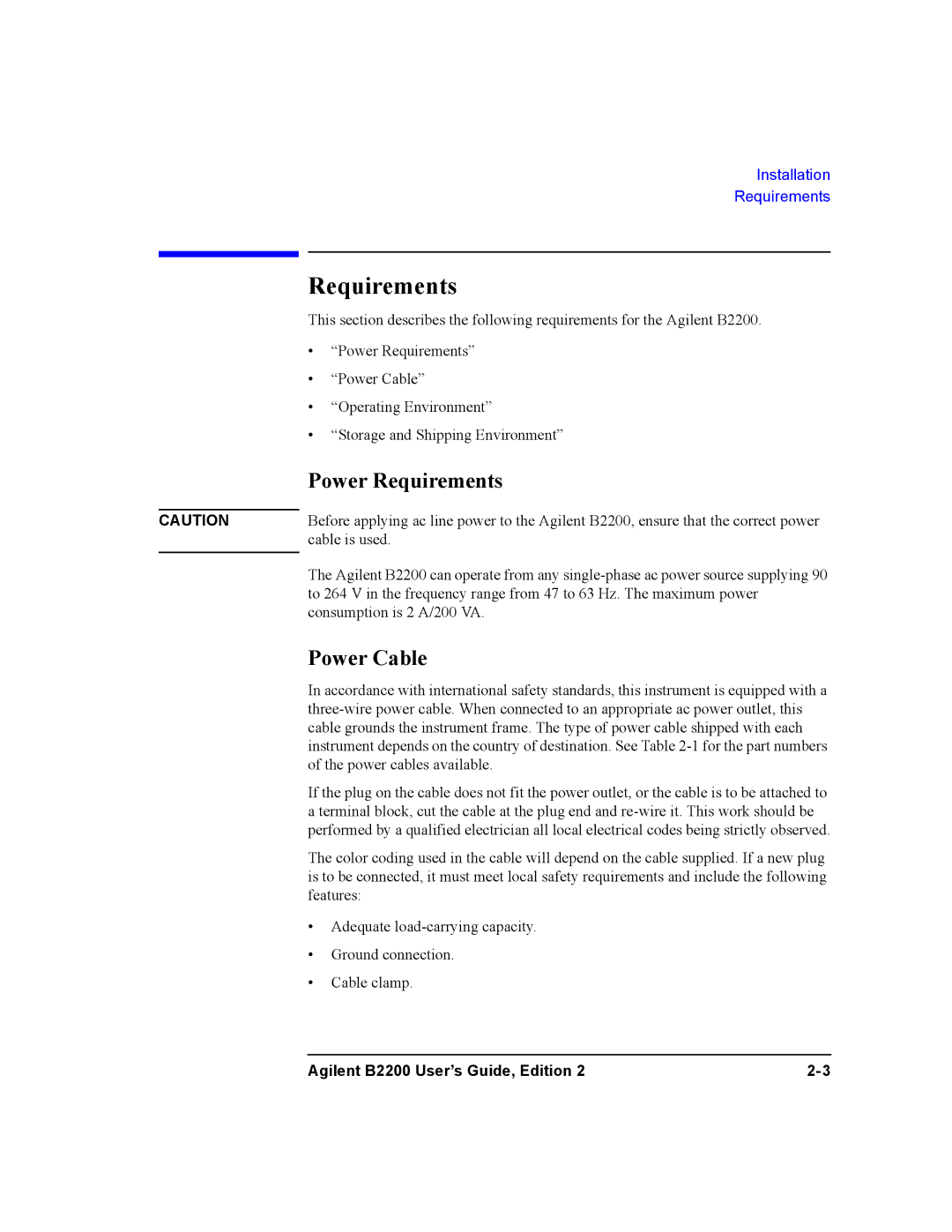 Agilent Technologies B2201A, B2200A manual Power Requirements, Power Cable 