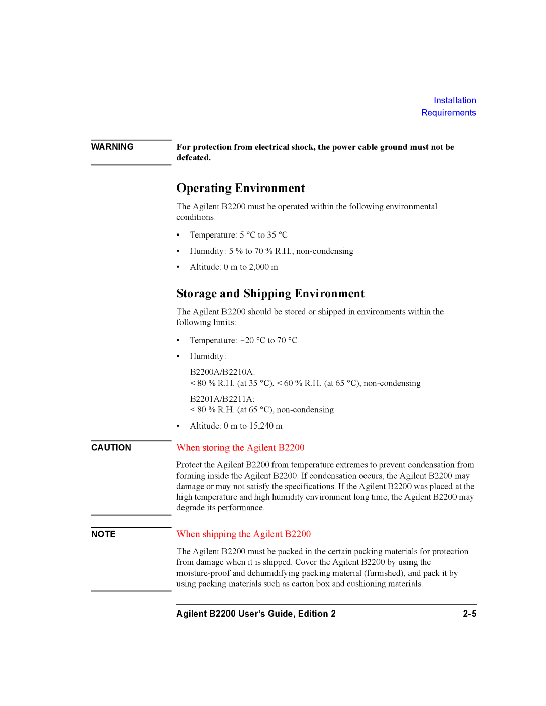 Agilent Technologies B2201A, B2200A manual Operating Environment, Storage and Shipping Environment 