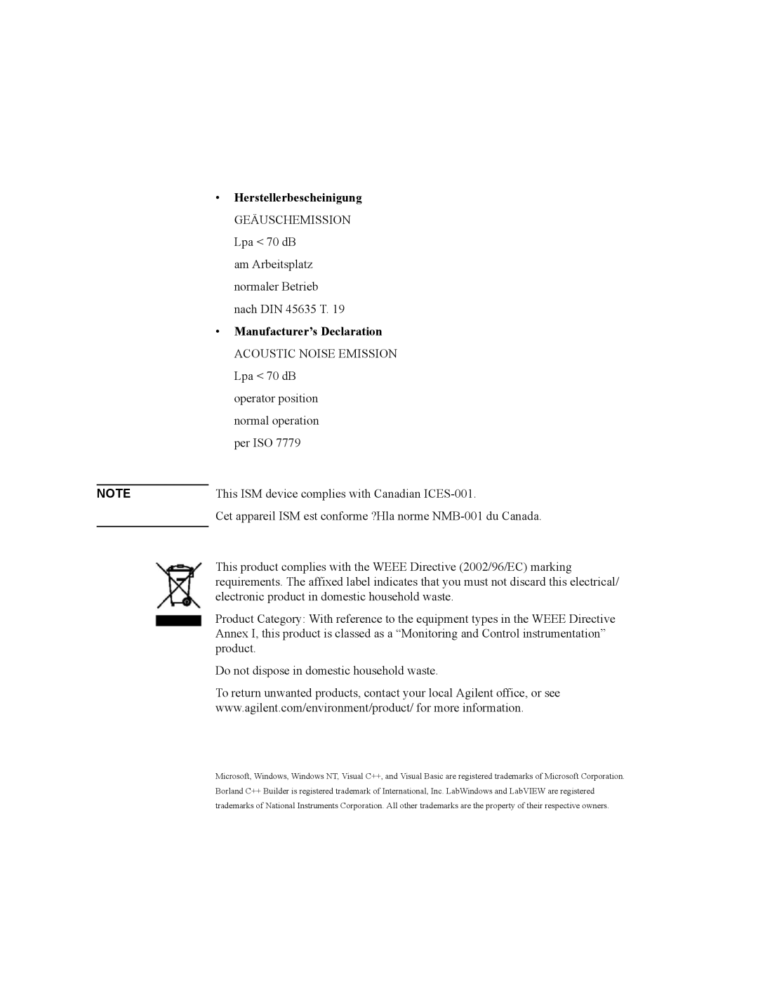 Agilent Technologies B2200A, B2201A manual Herstellerbescheinigung, Manufacturer’s Declaration 