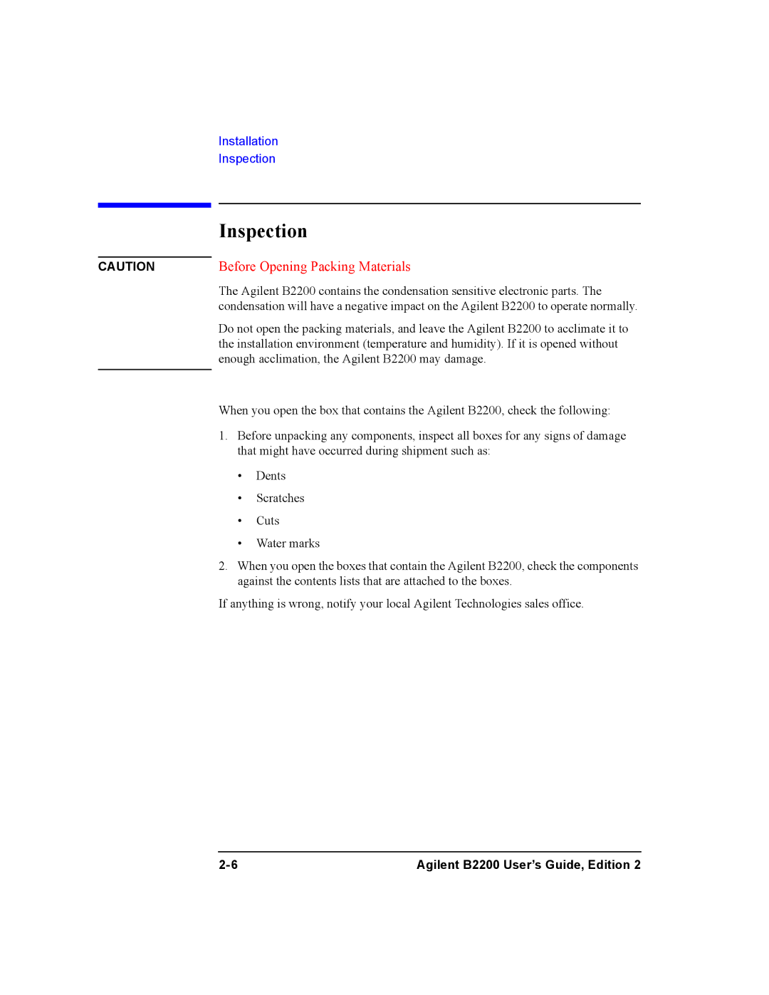 Agilent Technologies B2200A, B2201A manual Inspection, Before Opening Packing Materials 