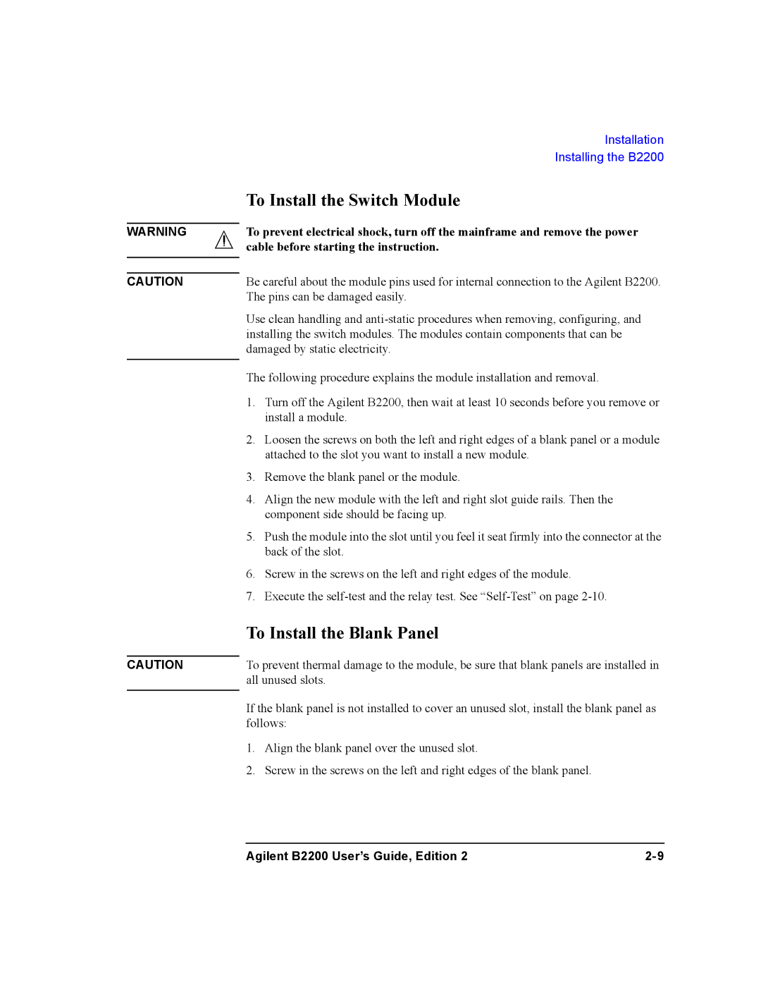 Agilent Technologies B2201A, B2200A manual To Install the Switch Module, To Install the Blank Panel 