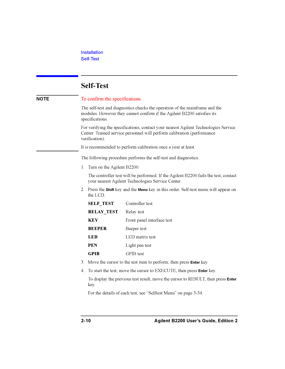 Agilent Technologies B2200A, B2201A manual Self-Test 