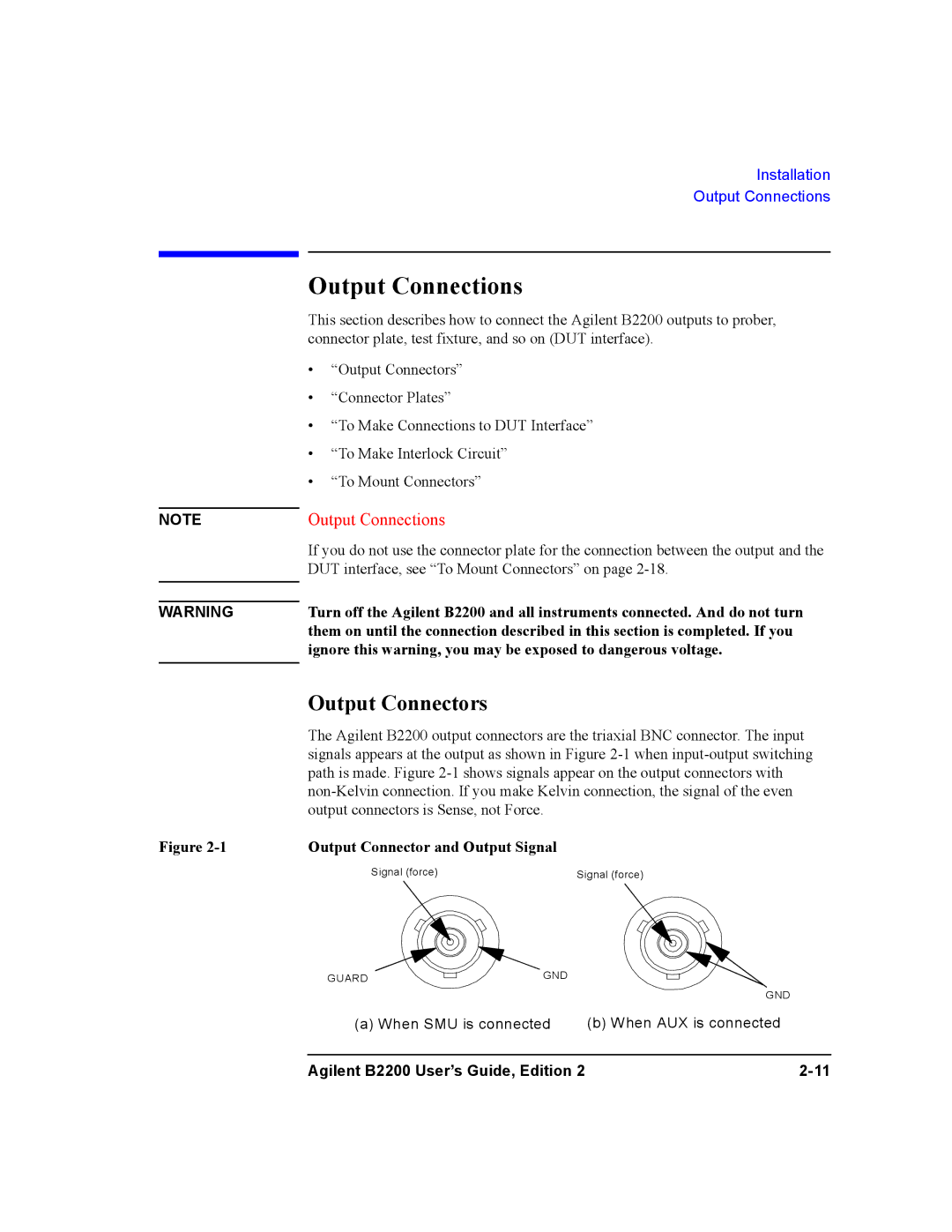 Agilent Technologies B2201A, B2200A manual Output Connections, Output Connectors, Output Connector and Output Signal 