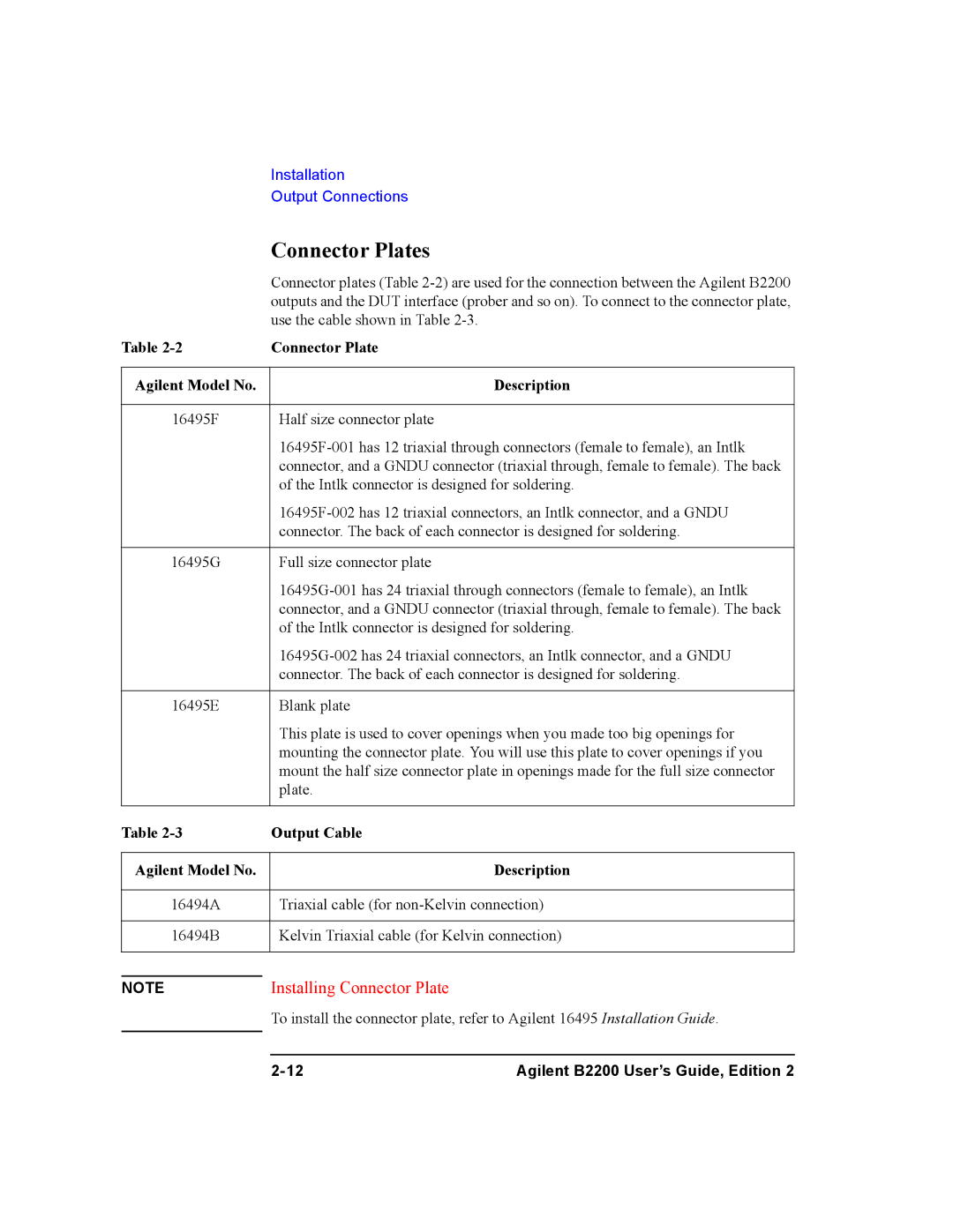 Agilent Technologies B2200A, B2201A manual Connector Plates, Agilent Model No Description, Output Cable 