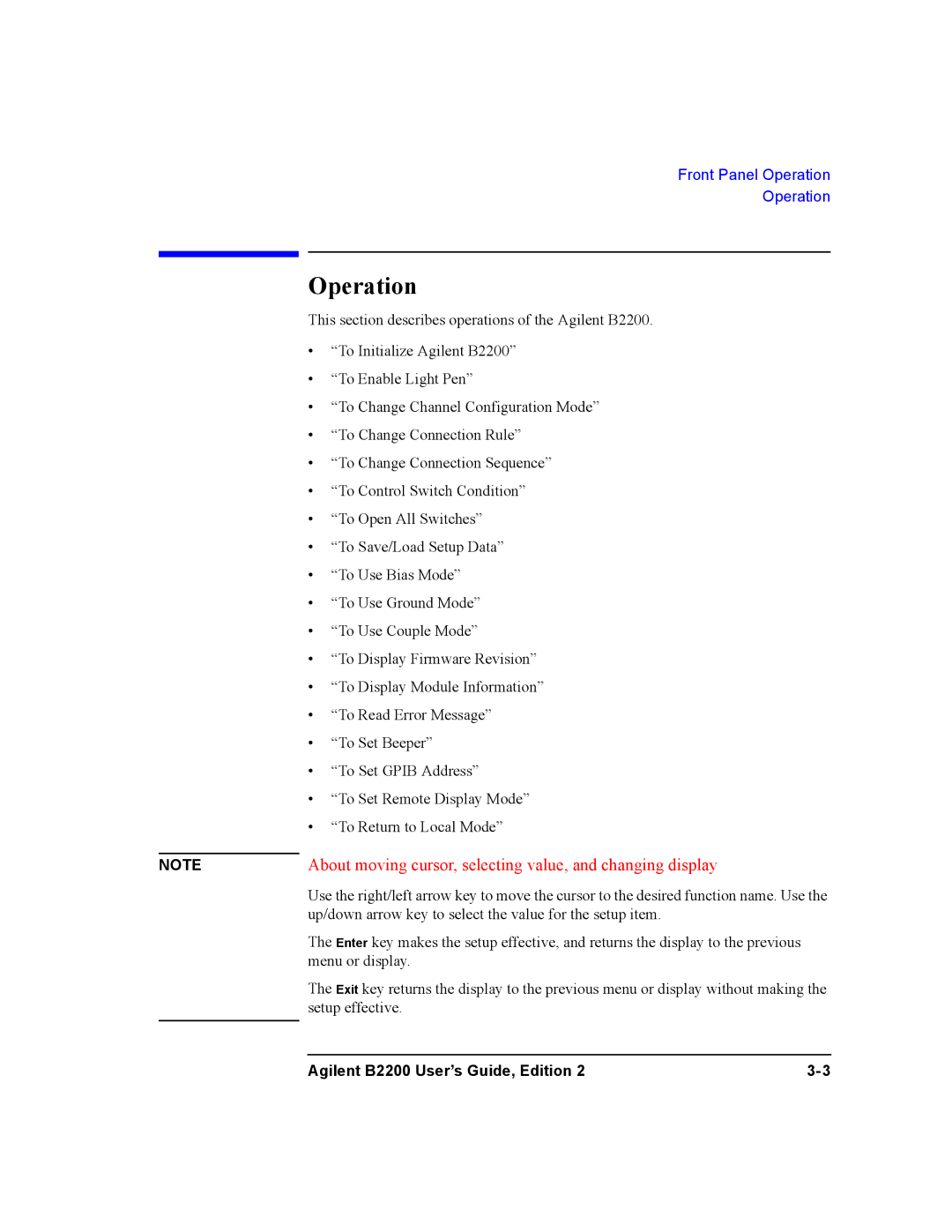 Agilent Technologies B2201A, B2200A manual Operation, About moving cursor, selecting value, and changing display 