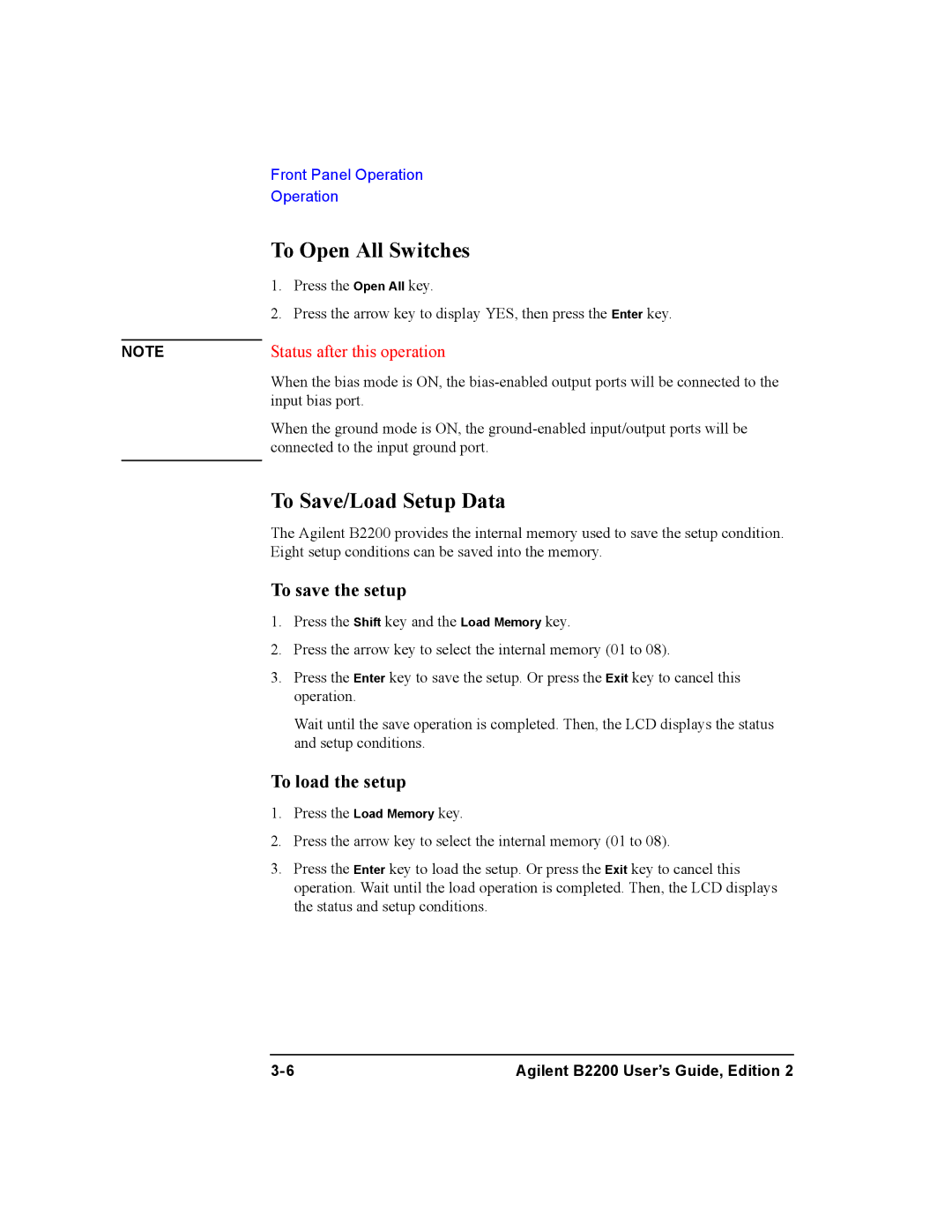 Agilent Technologies B2200A, B2201A manual To Open All Switches, To Save/Load Setup Data 