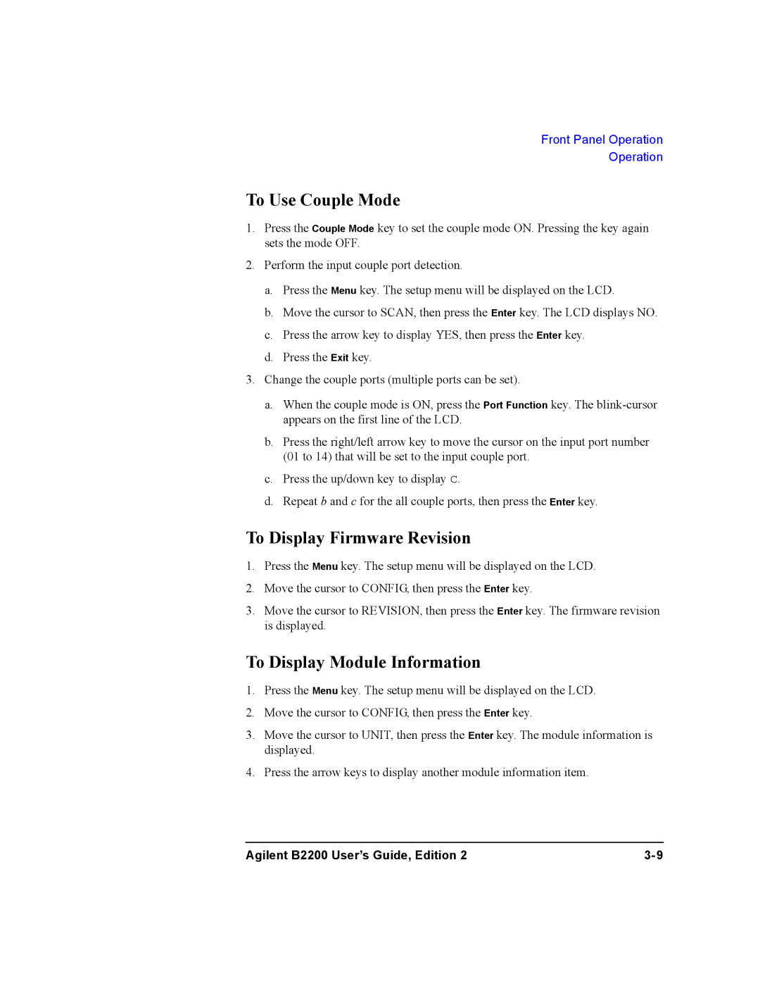 Agilent Technologies B2201A, B2200A manual To Use Couple Mode, To Display Firmware Revision, To Display Module Information 