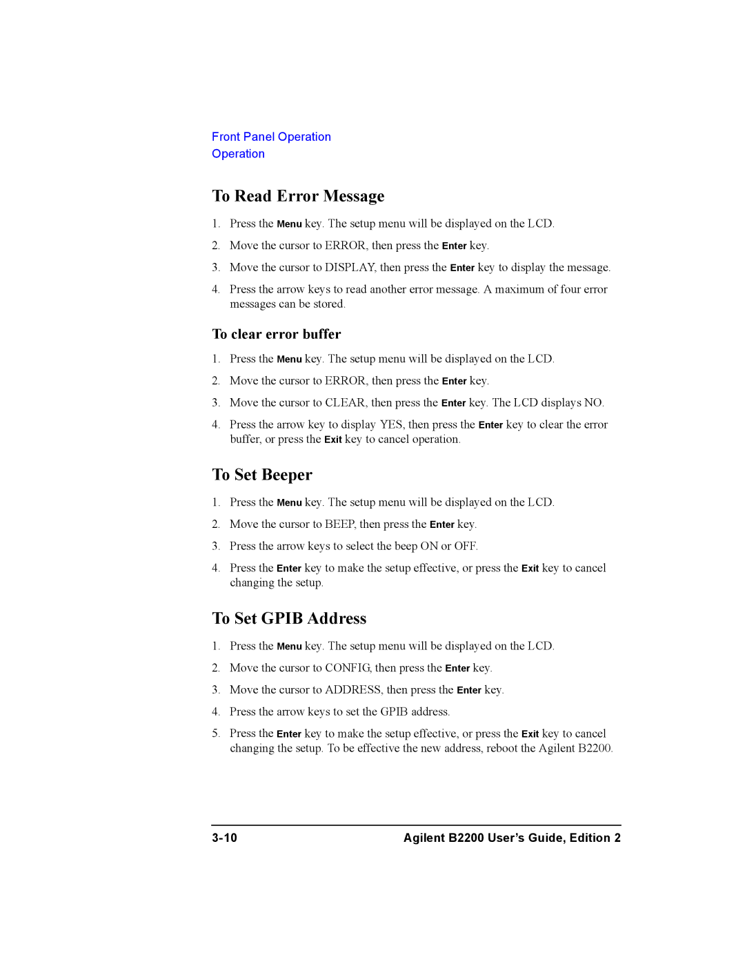 Agilent Technologies B2200A, B2201A manual To Read Error Message, To Set Beeper, To Set Gpib Address 