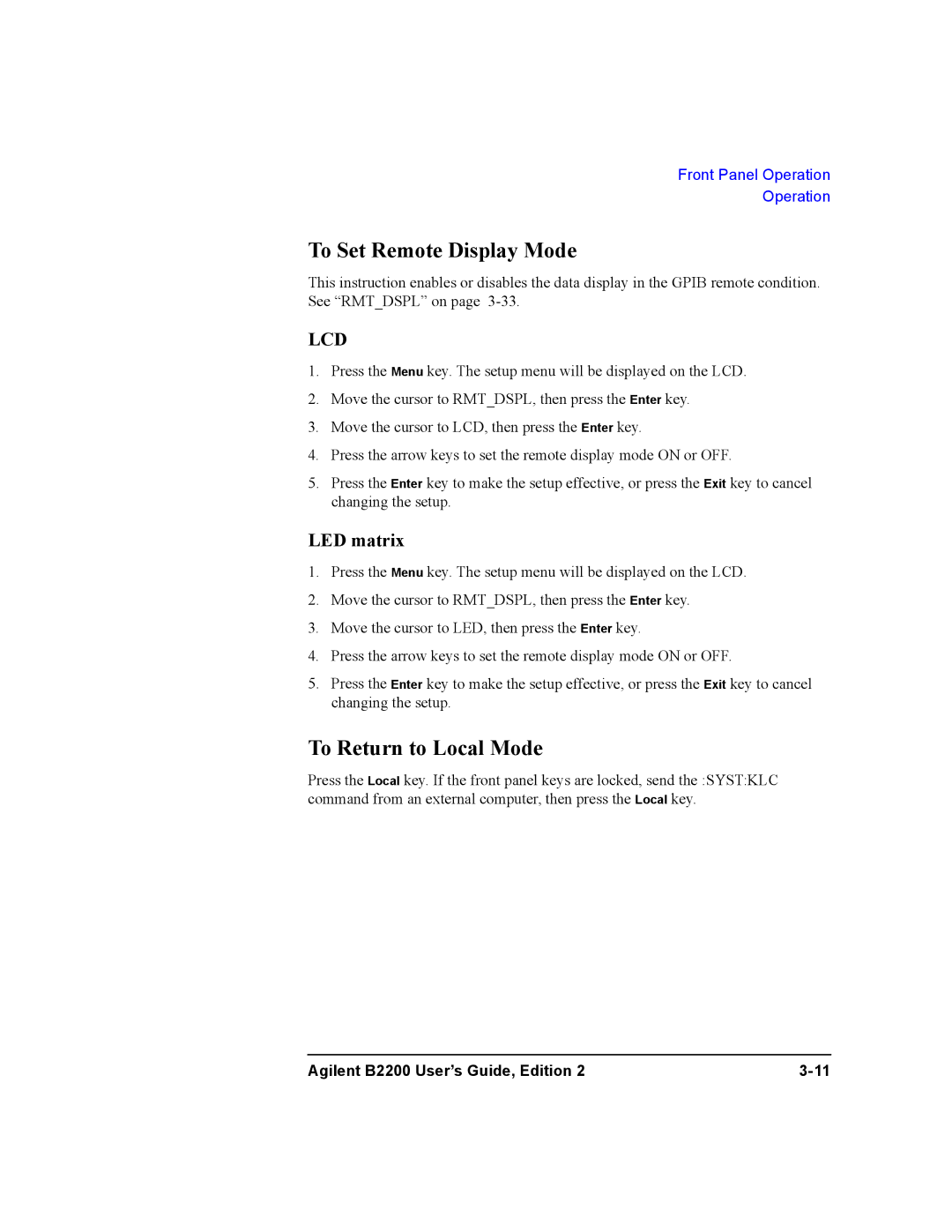 Agilent Technologies B2201A, B2200A manual To Set Remote Display Mode, To Return to Local Mode 