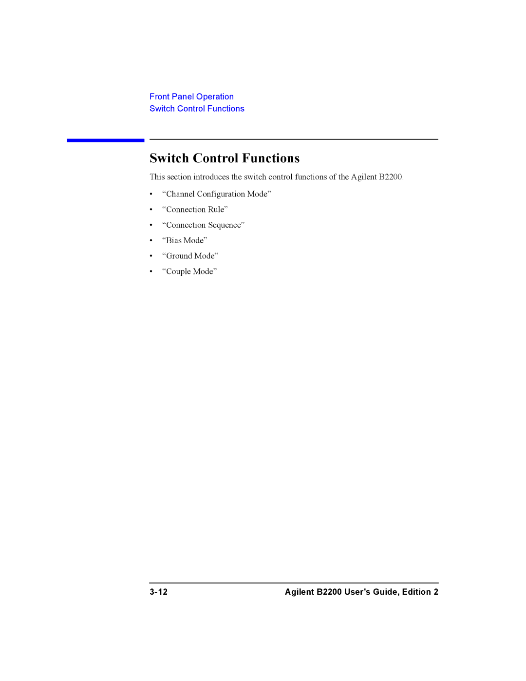 Agilent Technologies B2200A, B2201A manual Switch Control Functions 