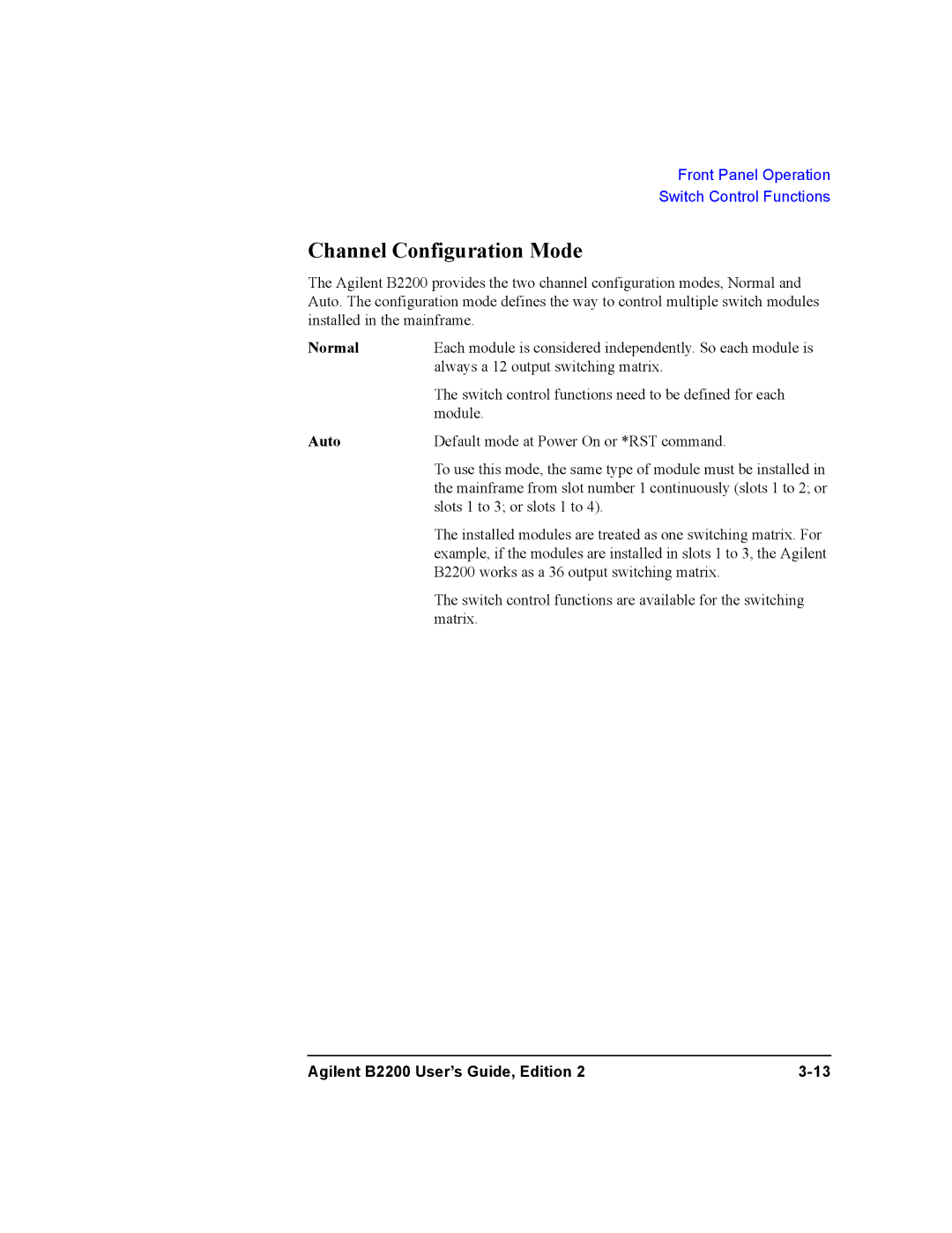 Agilent Technologies B2201A, B2200A manual Channel Configuration Mode, Normal, Auto 