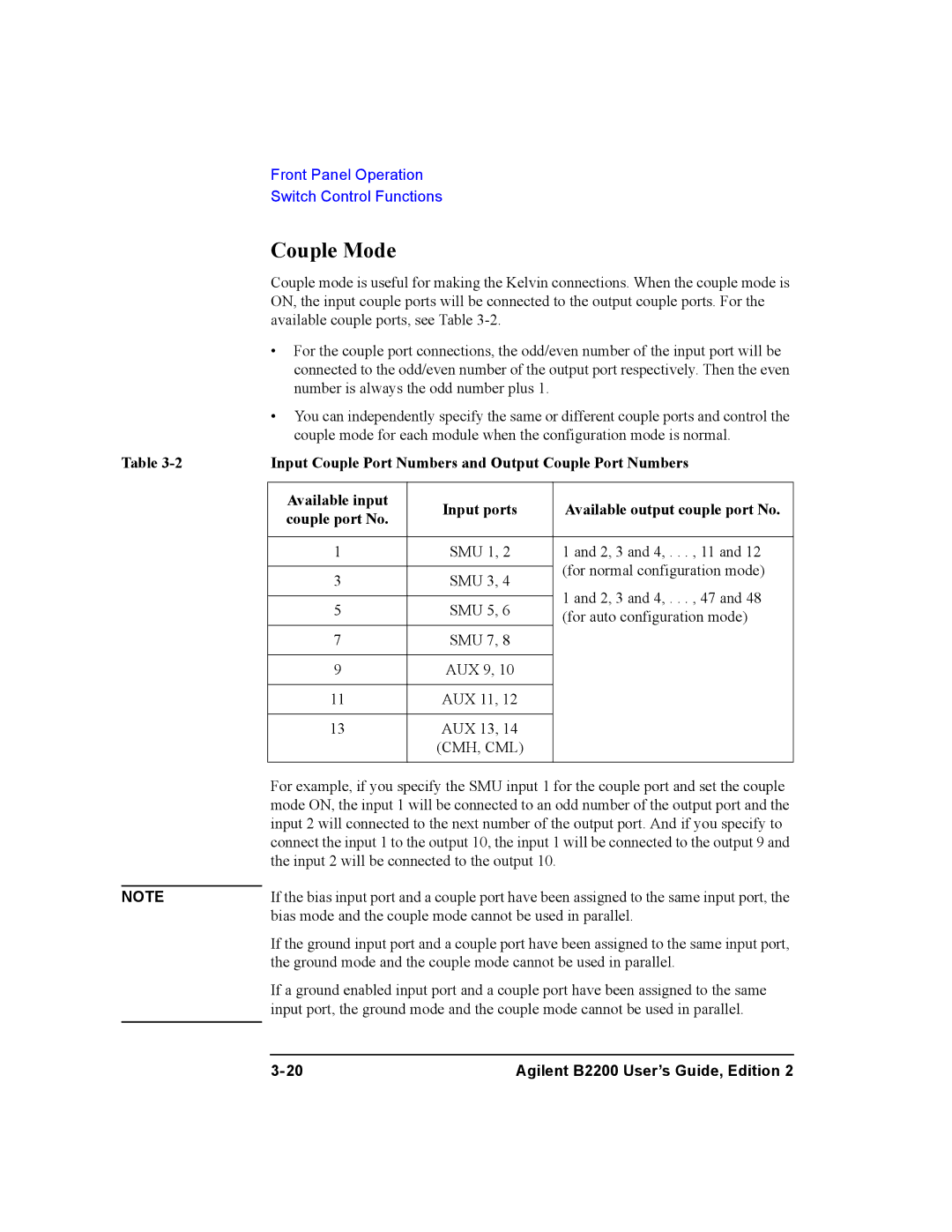 Agilent Technologies B2200A, B2201A manual Couple Mode, Input Couple Port Numbers and Output Couple Port Numbers 