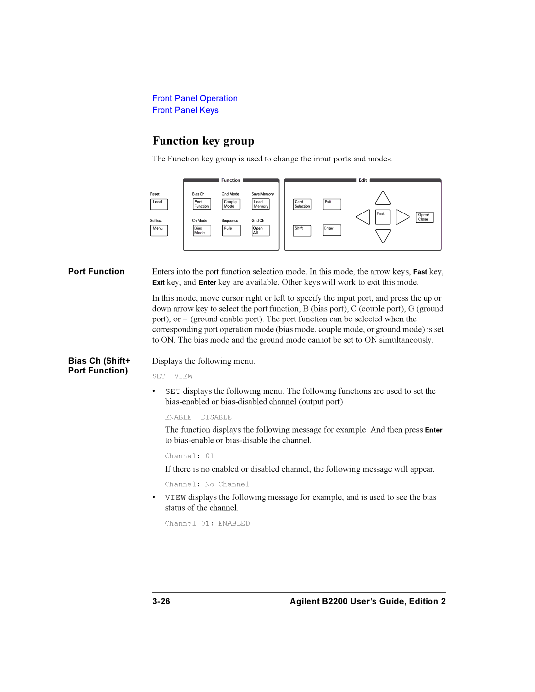 Agilent Technologies B2200A, B2201A manual Function key group, Port Function 
