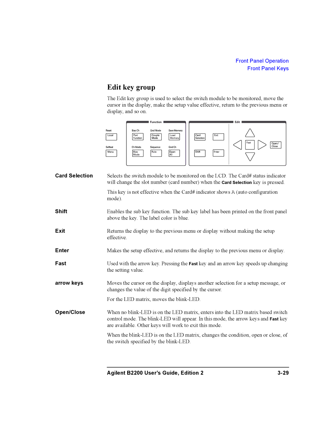 Agilent Technologies B2201A, B2200A manual Edit key group, Card Selection 