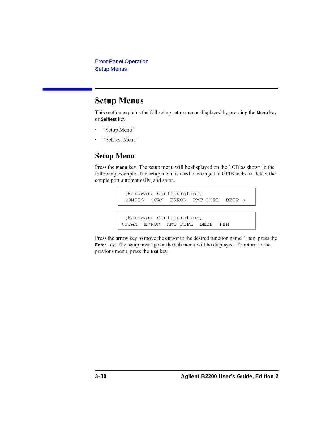 Agilent Technologies B2200A, B2201A manual Setup Menus 