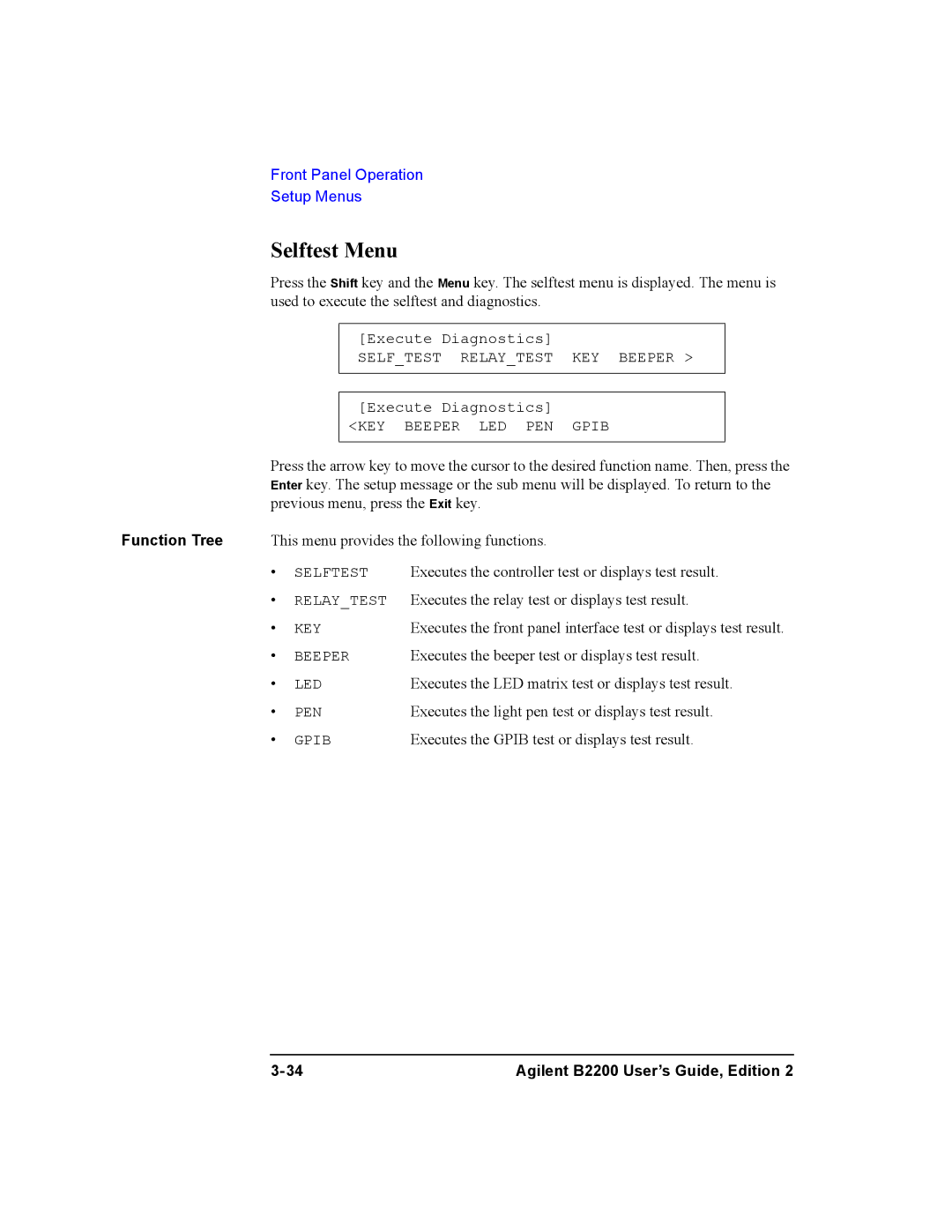 Agilent Technologies B2200A, B2201A manual Selftest Menu 