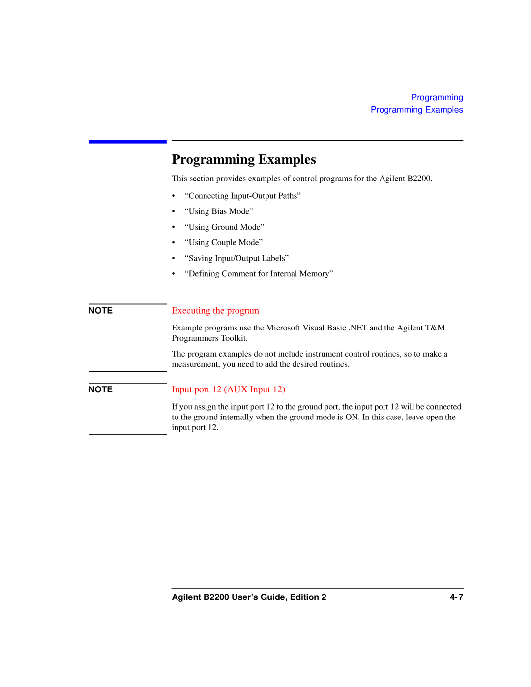 Agilent Technologies B2201A manual Programming Examples, Executing the program 