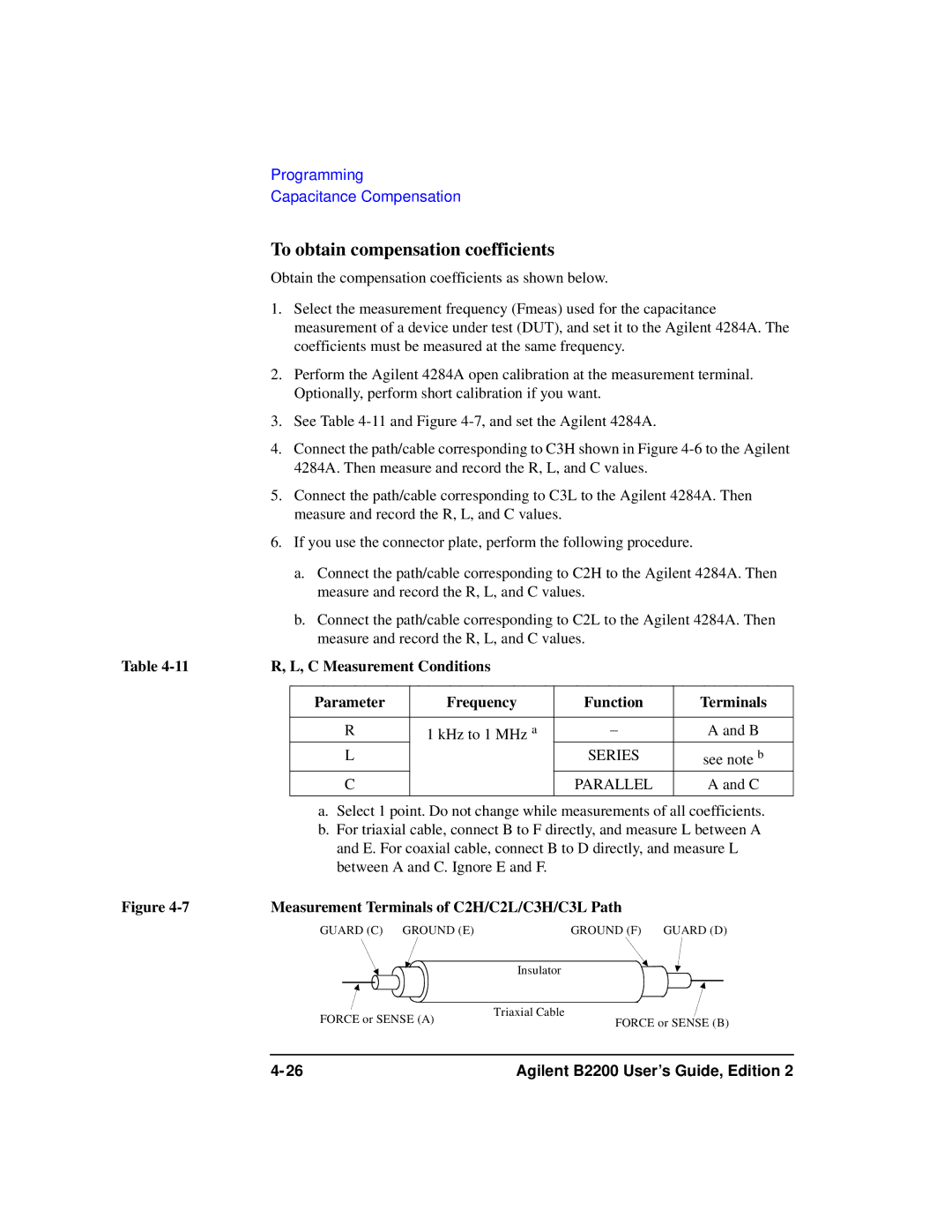 Agilent Technologies B2201A manual To obtain compensation coefficients, Measurement Terminals of C2H/C2L/C3H/C3L Path 