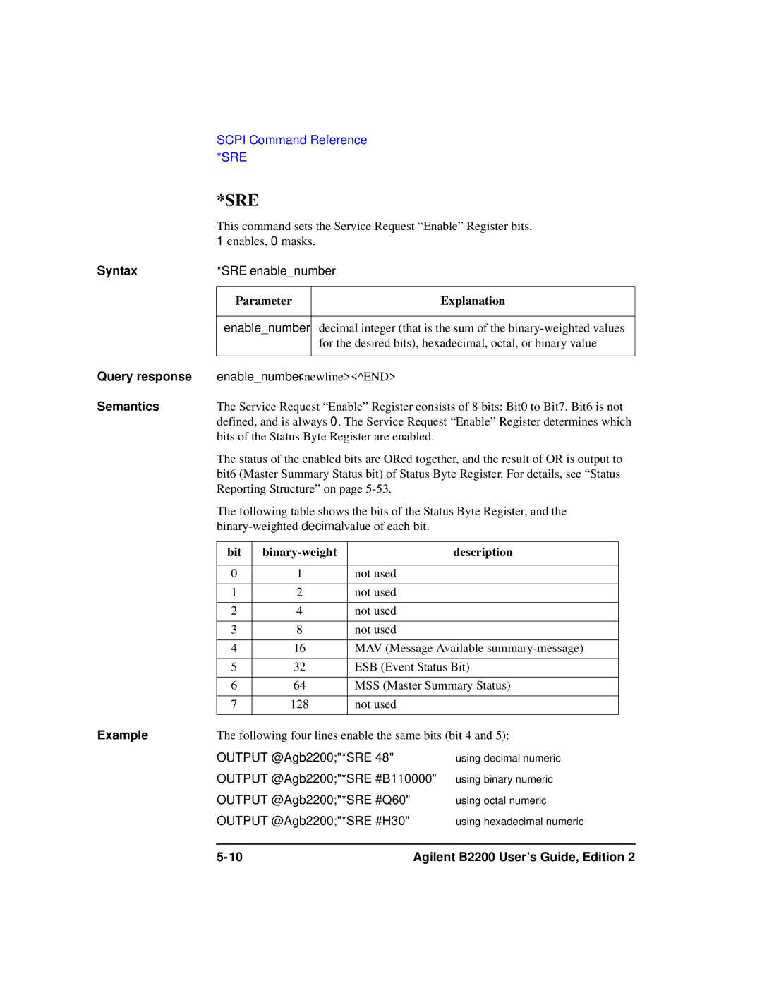 Agilent Technologies B2201A manual Sre, Parameter Explanation 