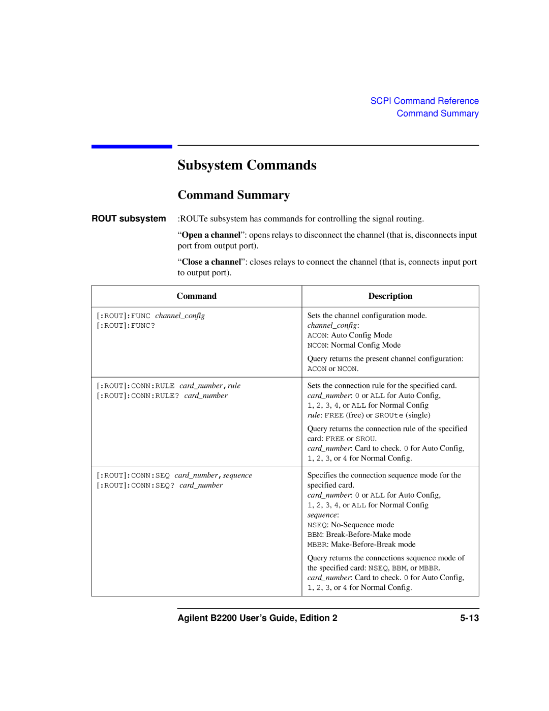 Agilent Technologies B2201A manual Subsystem Commands, Command Summary, Command Description 