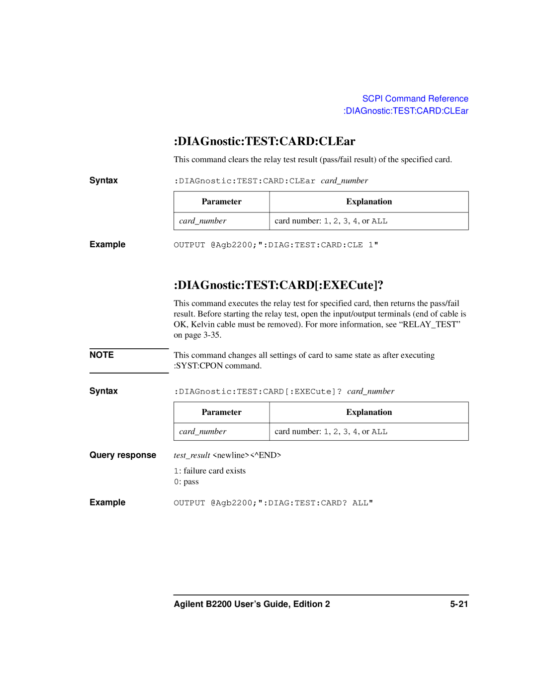 Agilent Technologies B2201A manual DIAGnosticTESTCARDCLEar, DIAGnosticTESTCARDEXECute? 