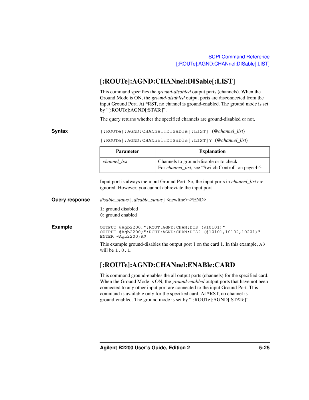 Agilent Technologies B2201A manual ROUTeAGNDCHANnelDISableLIST, ROUTeAGNDCHANnelENABleCARD 