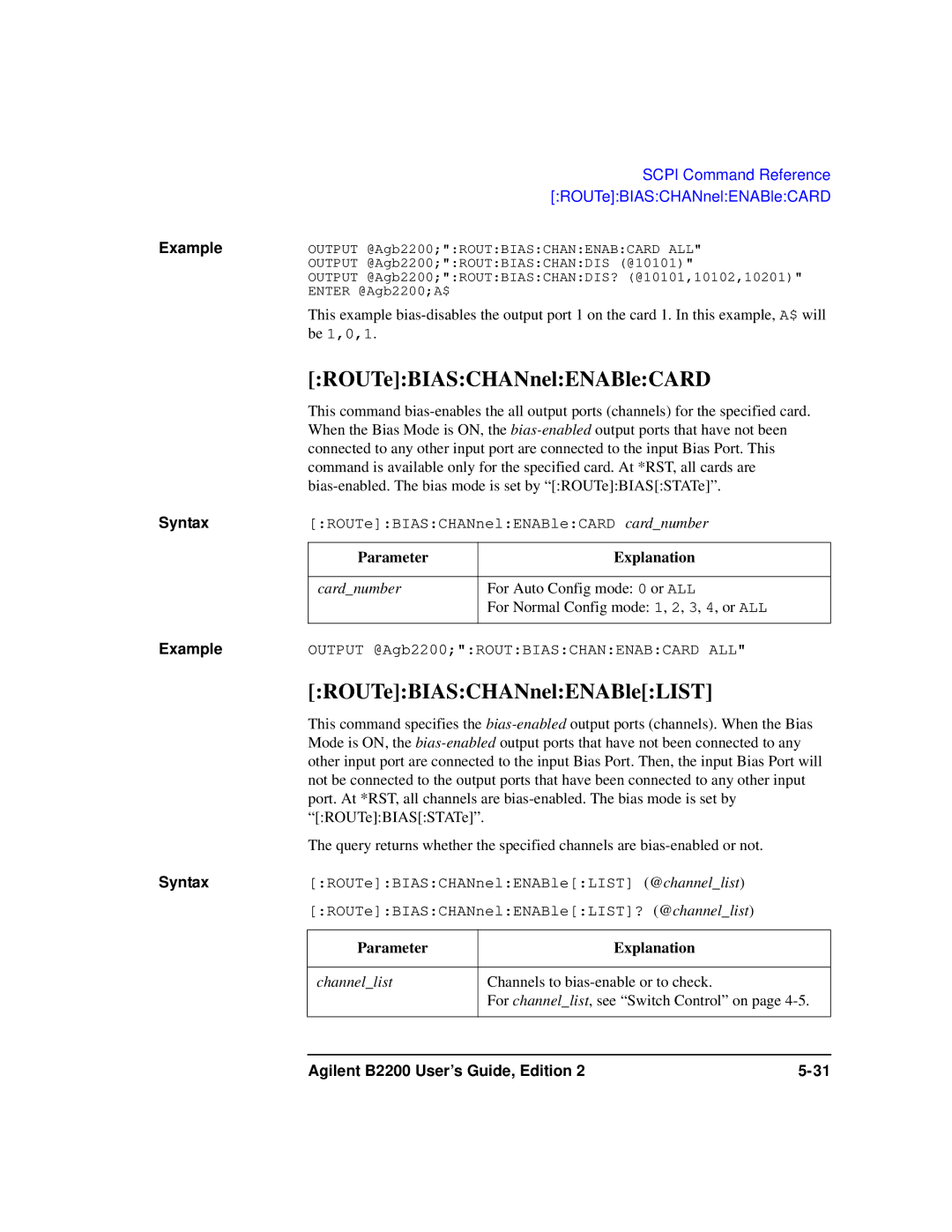 Agilent Technologies B2201A manual ROUTeBIASCHANnelENABleCARD, ROUTeBIASCHANnelENABleLIST 