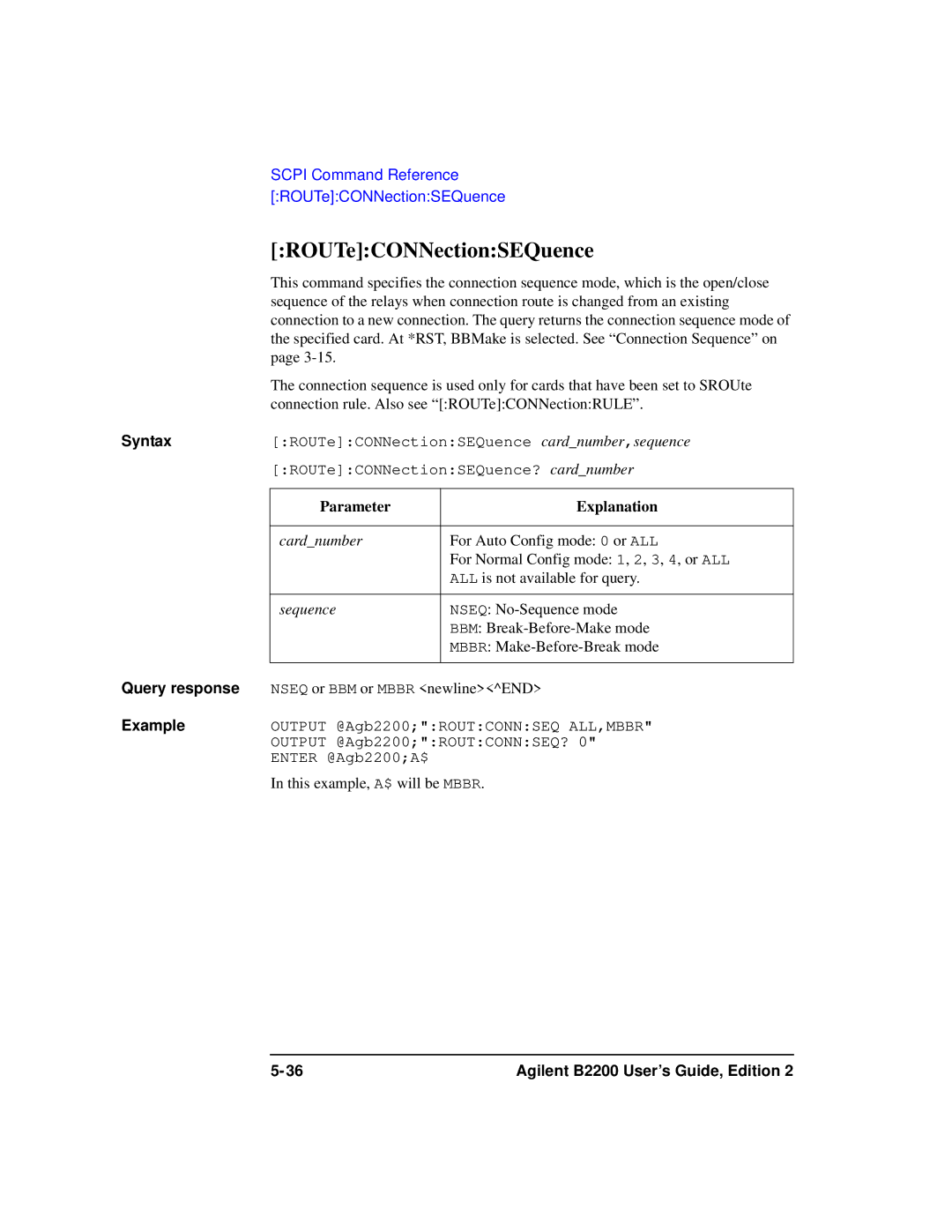 Agilent Technologies B2201A manual ROUTeCONNectionSEQuence 