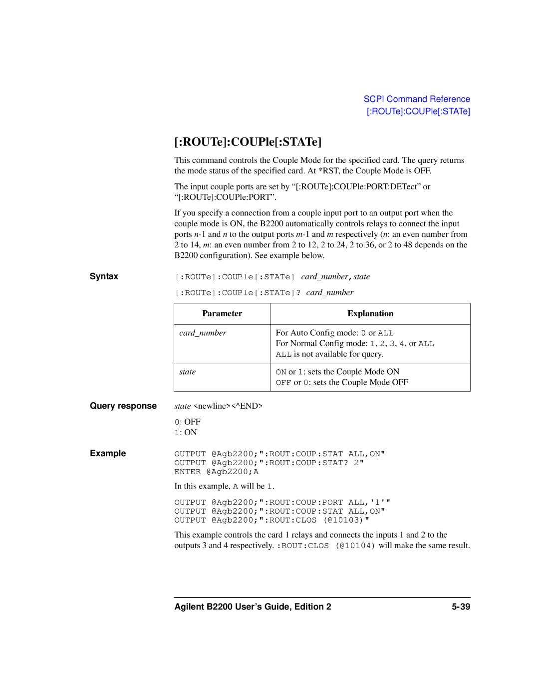 Agilent Technologies B2201A manual ROUTeCOUPleSTATe 