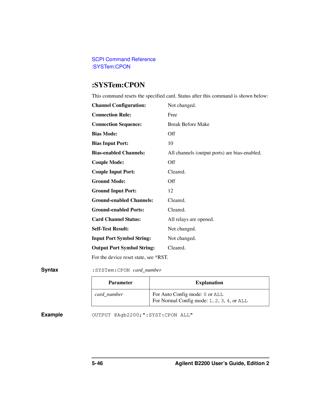 Agilent Technologies B2201A manual SYSTemCPON 