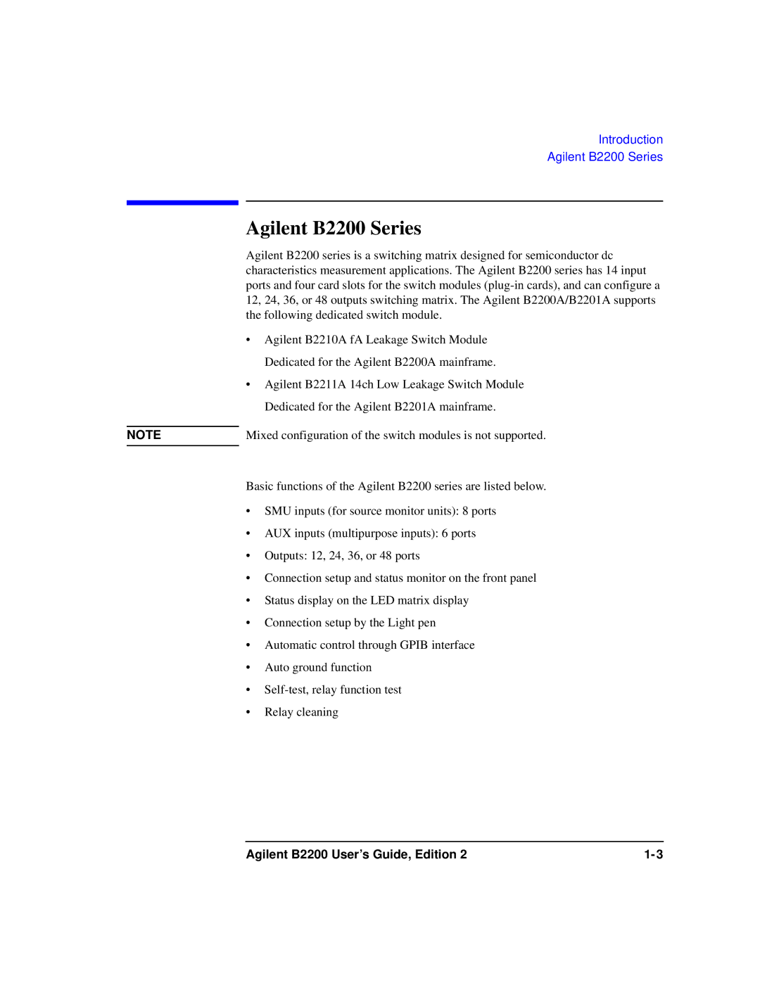 Agilent Technologies B2201A manual Agilent B2200 Series 