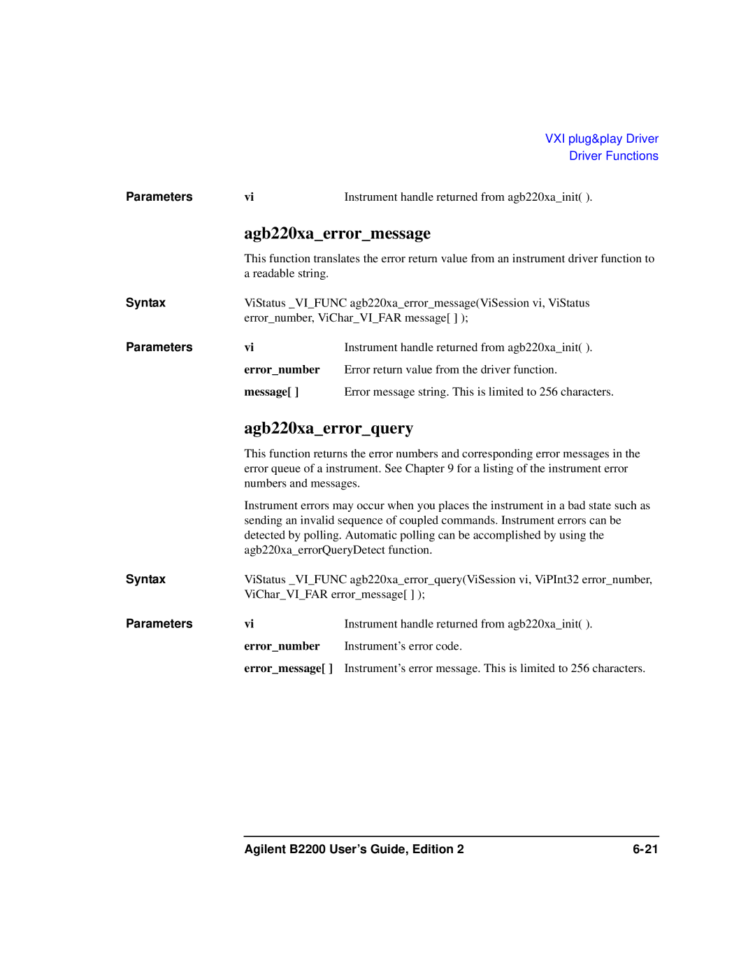 Agilent Technologies B2201A manual Agb220xaerrormessage, Agb220xaerrorquery, Errornumber, Message 