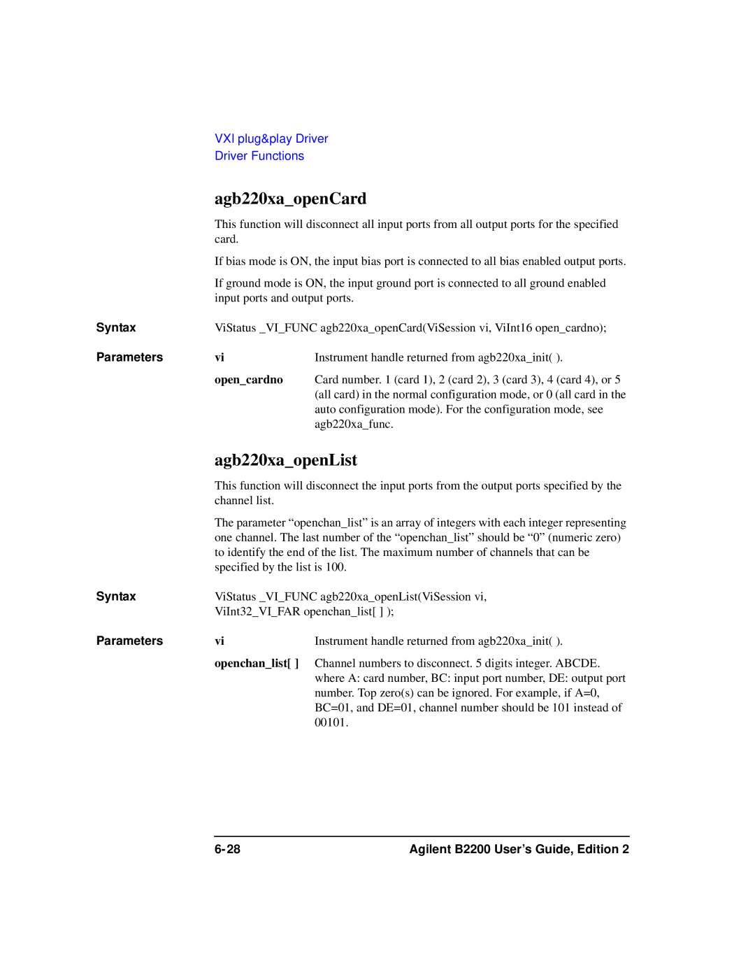 Agilent Technologies B2201A manual Agb220xaopenCard, Agb220xaopenList, Opencardno 