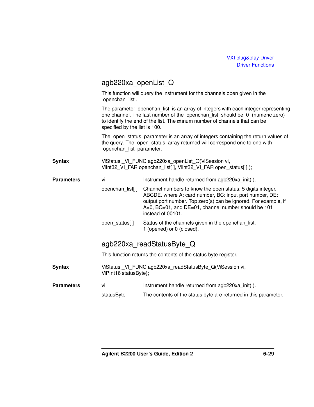 Agilent Technologies B2201A manual Agb220xaopenListQ, Agb220xareadStatusByteQ, Openstatus 