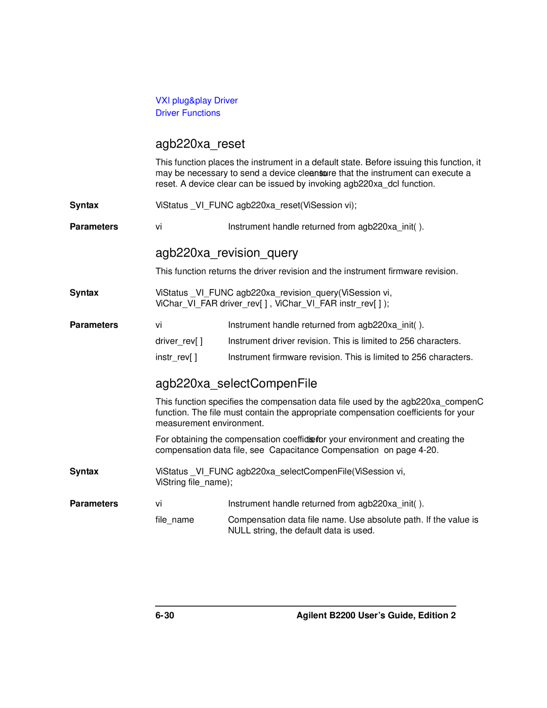 Agilent Technologies B2201A manual Agb220xareset, Agb220xarevisionquery, Agb220xaselectCompenFile 