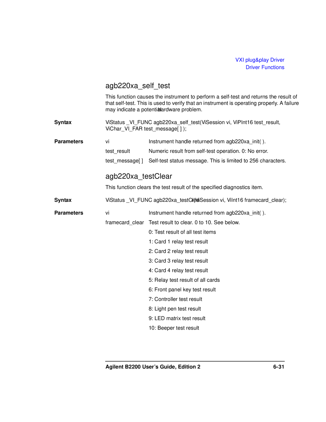 Agilent Technologies B2201A manual Agb220xaselftest, Agb220xatestClear, Testresult, Testmessage, Framecardclear 