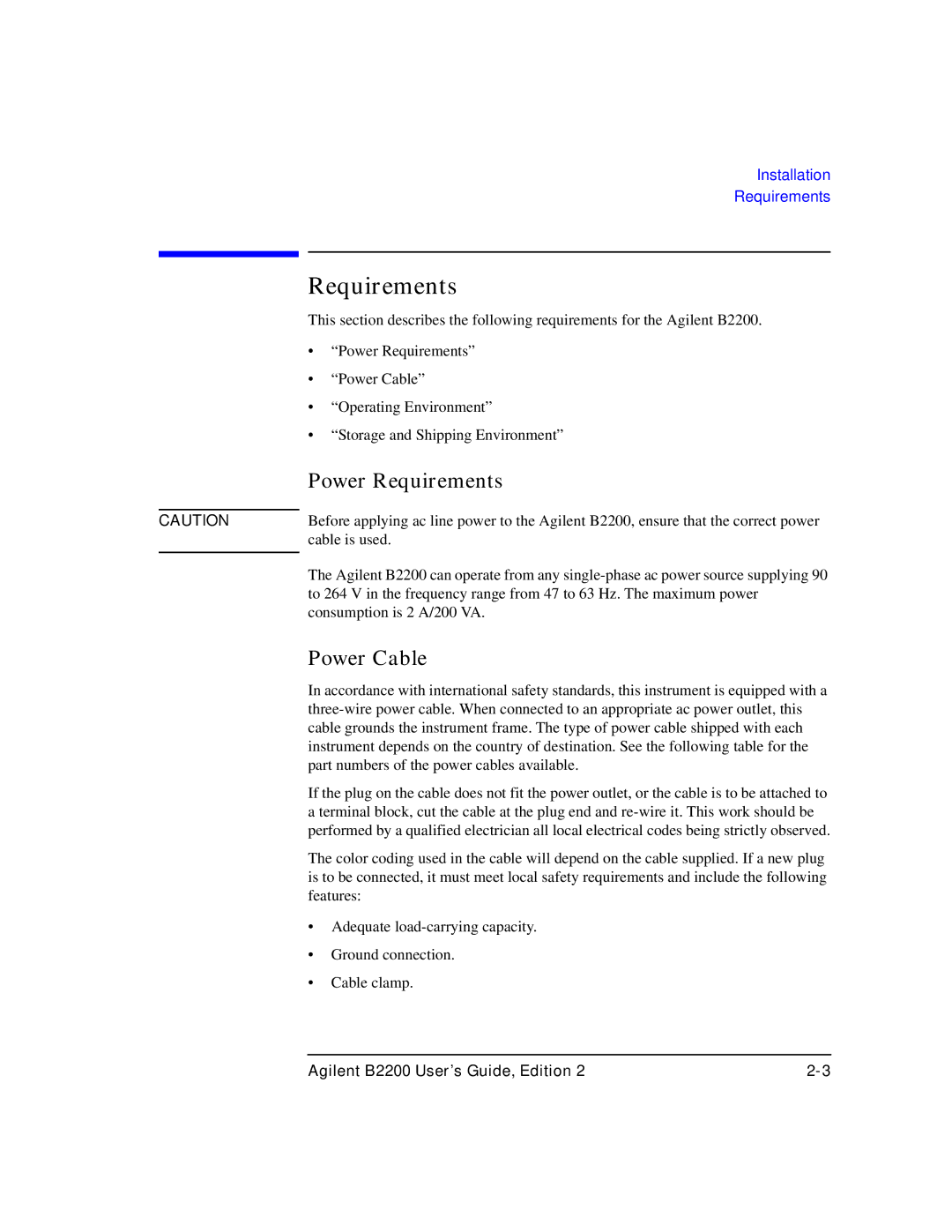 Agilent Technologies B2201A manual Power Requirements, Power Cable 